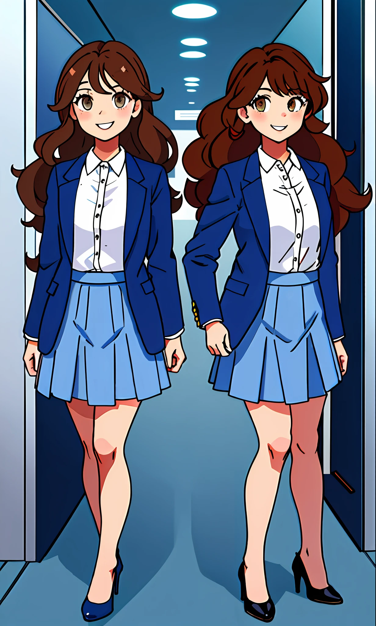 perfect anime illustration, 2girls, twins, identical sisters, brown hair, curly hair, long hair, matching hairstyle, hazel eyes, smiling, business attire, blue skirt suit, black high heels, matching outfits, businesswomen, highres, full body, bare legs
