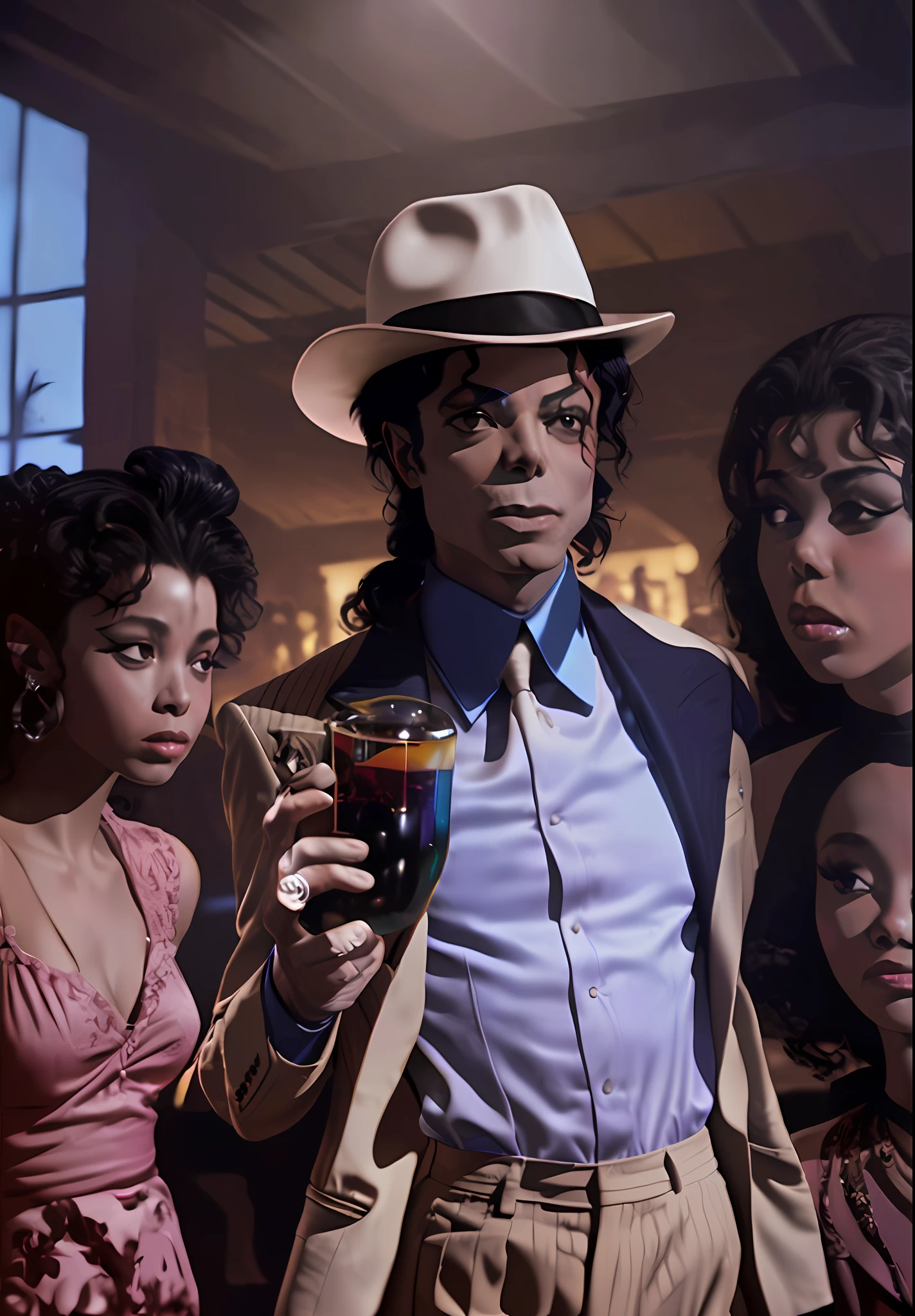 smoothcriminal Michael Jackson man drinking a bottle of liquor with women around, dark room high quality, professional photography