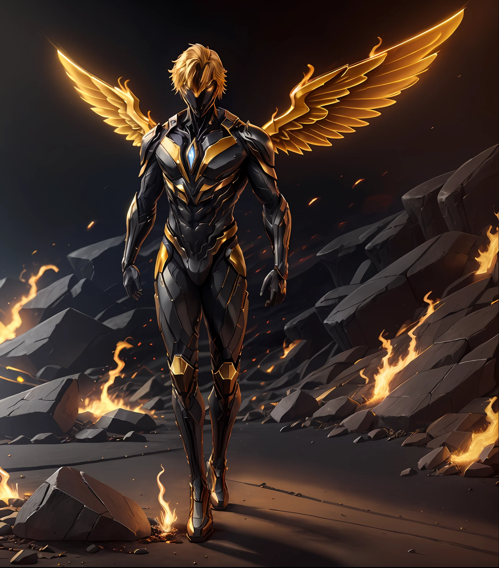 A man (solo) with wings Made of light and golden hair, black suit with golden neon details, walking posture, place filled with flames and incandescent lava on the ground,