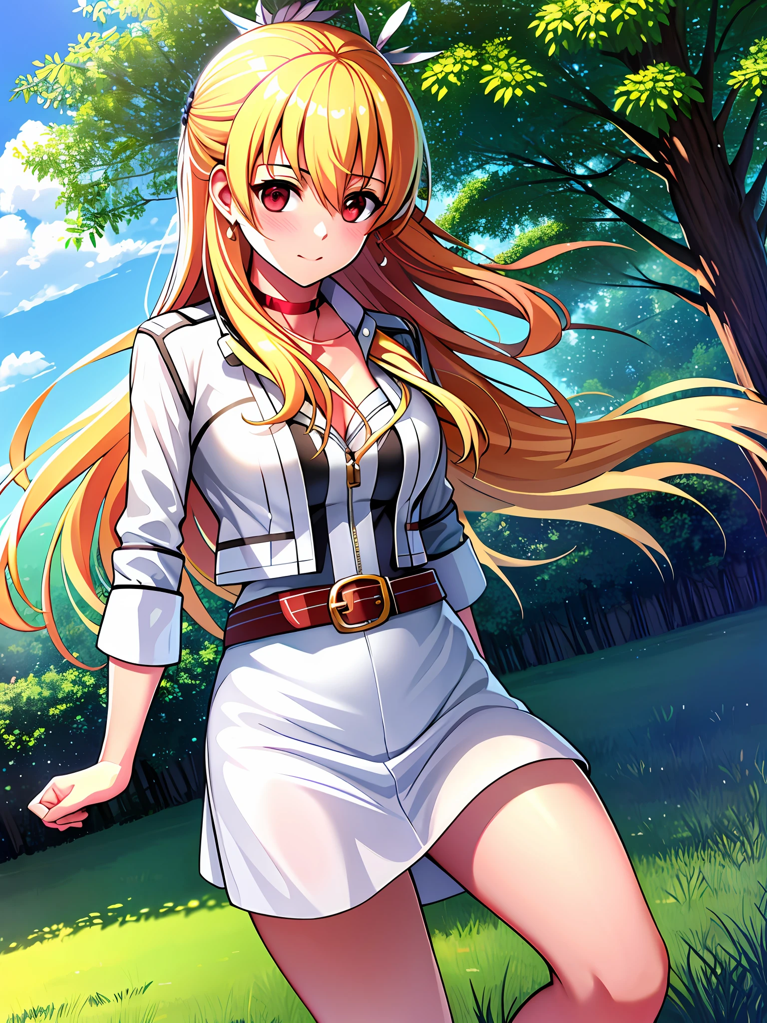 masterpiece, ultra high quality cg, best quality, perfect image, alisa reinford, scrunchie, white jacket, strapless dress, belt, cowboy shot, blushing, looking away, park