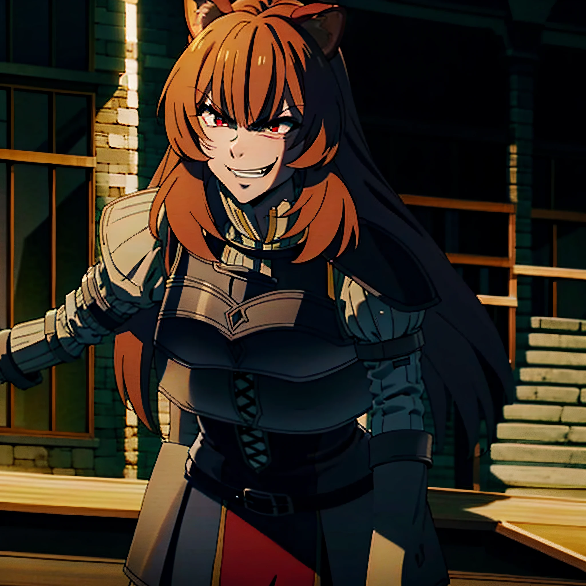 evil raphtalia, evil smile, black armor, angry facial expressions