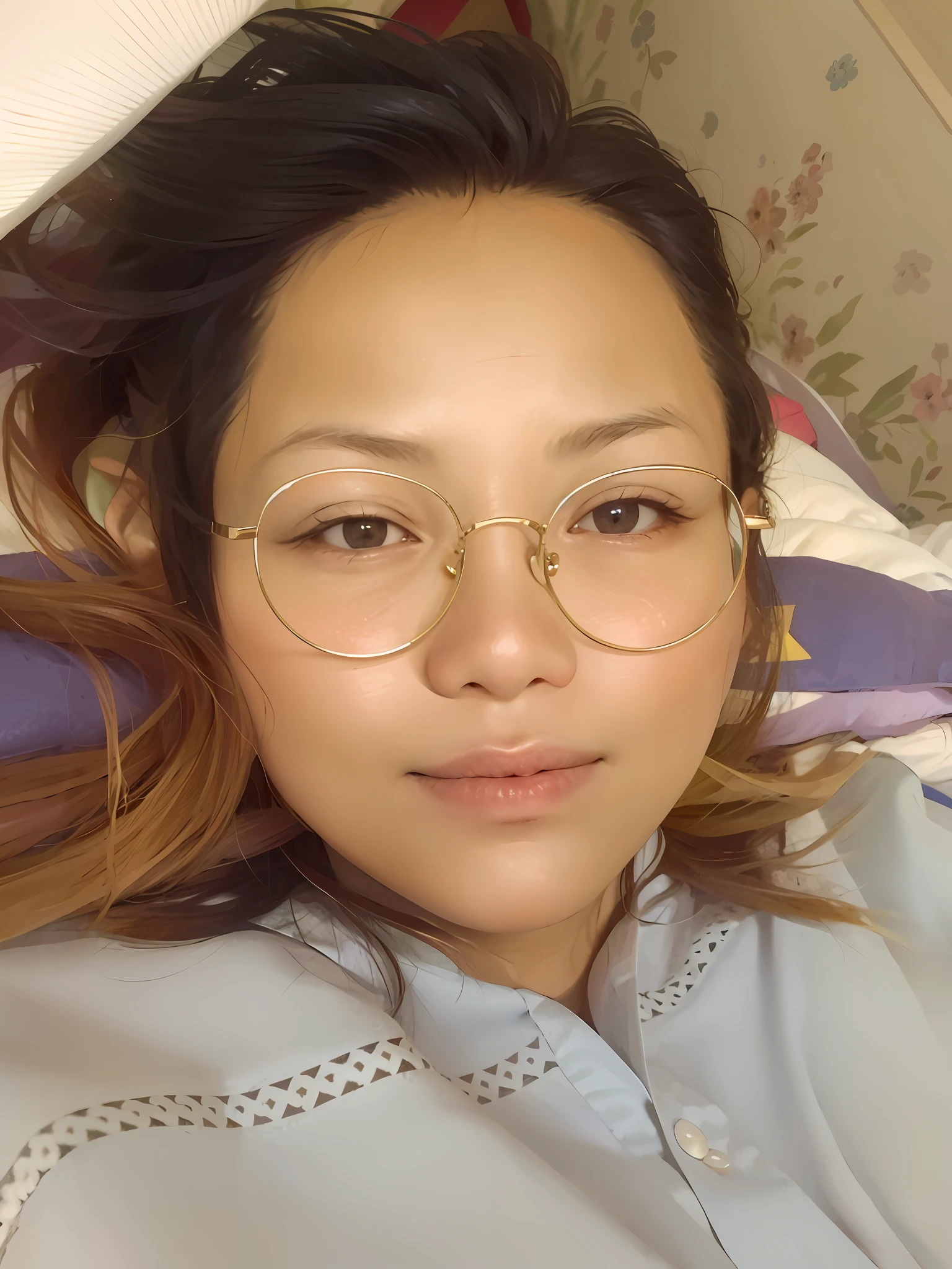 there is a Myanmar woman laying on a bed, 3 0 years old woman, wearing thin large round glasses, brown hair
