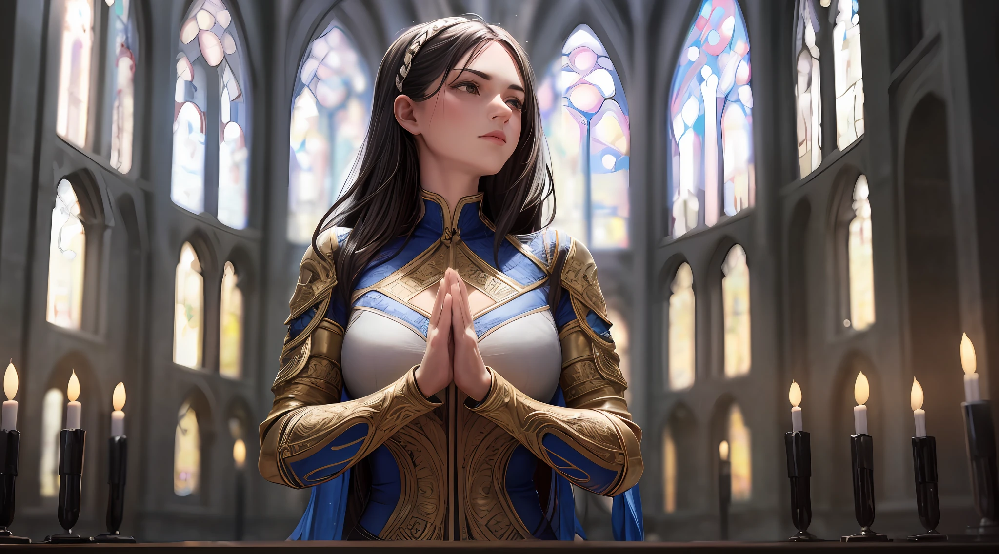 A beautiful woman athletic body, in the position of gratitude, with her hands joined, with gaze lightly to the sky, in the background a beautiful medieval cathedral, with some candles and candles, ultra detailed image, altissima resolution, 8k