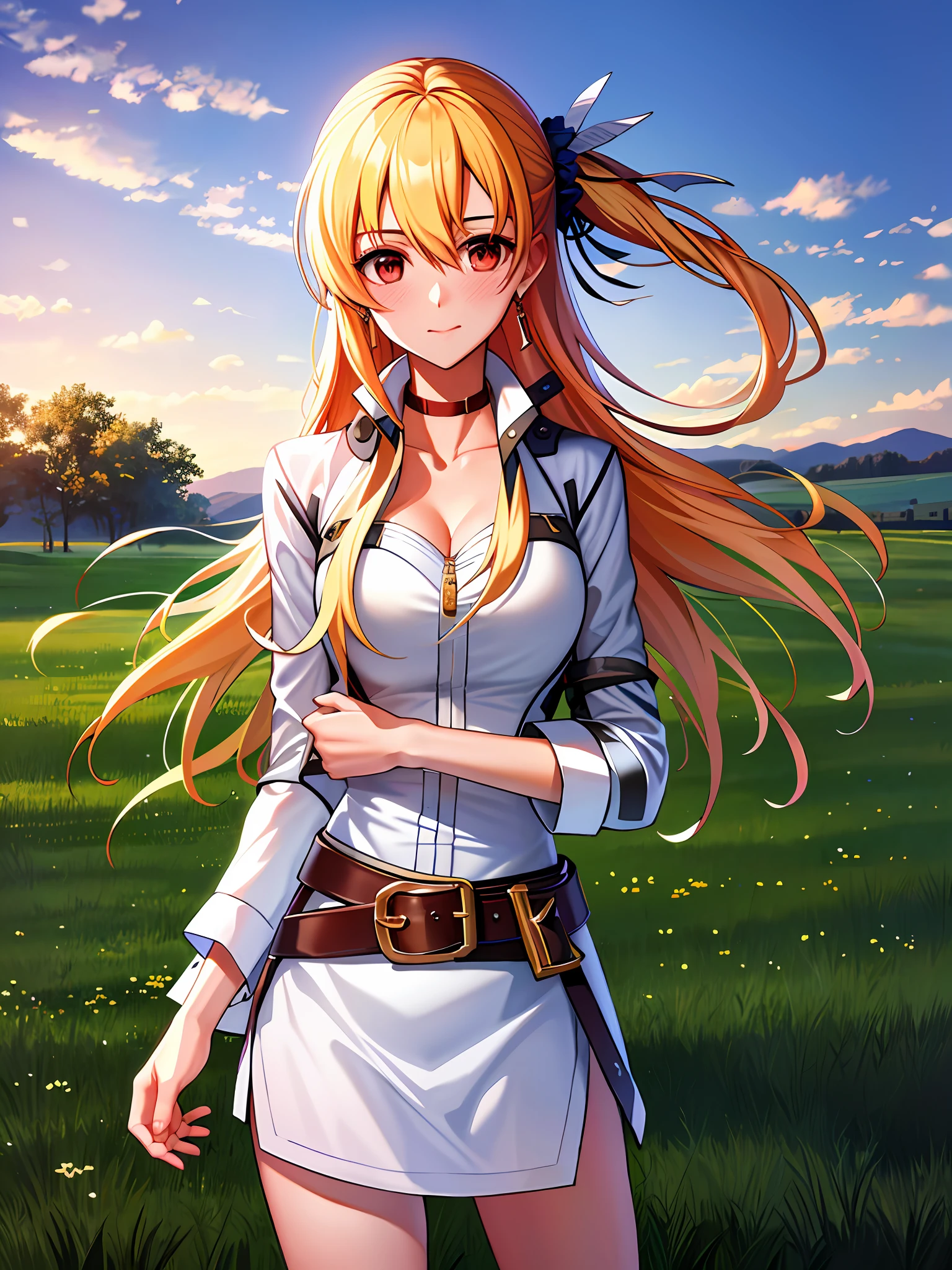 masterpiece, ultra high quality cg, best quality, perfect image, alisa reinford, scrunchie, white jacket, strapless dress, belt, cowboy shot, blushing, looking away, park