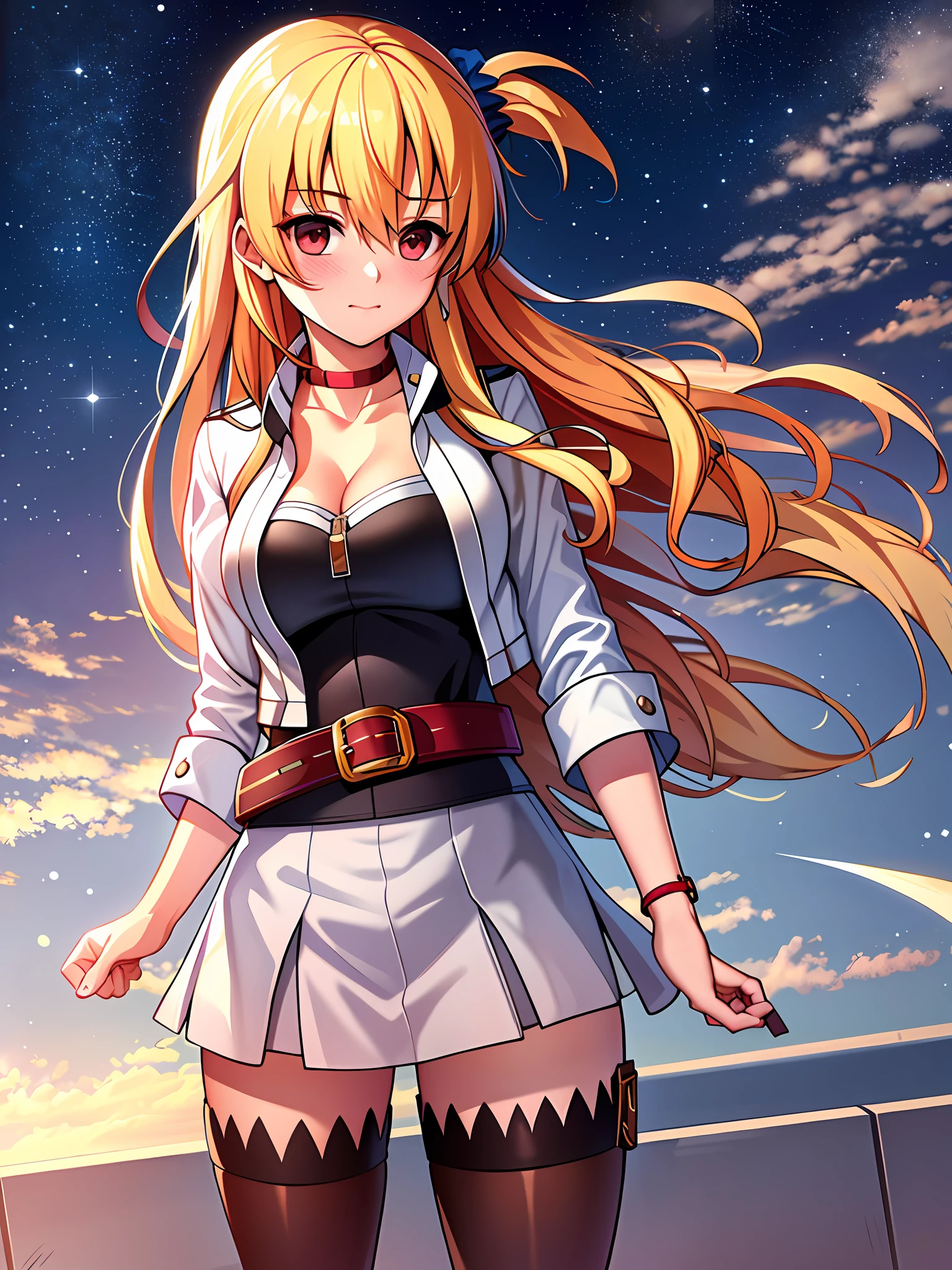 masterpiece, ultra high quality cg, best quality, perfect image, alisa reinford, scrunchie, white jacket, strapless dress, belt, cowboy shot, blushing, looking away, park