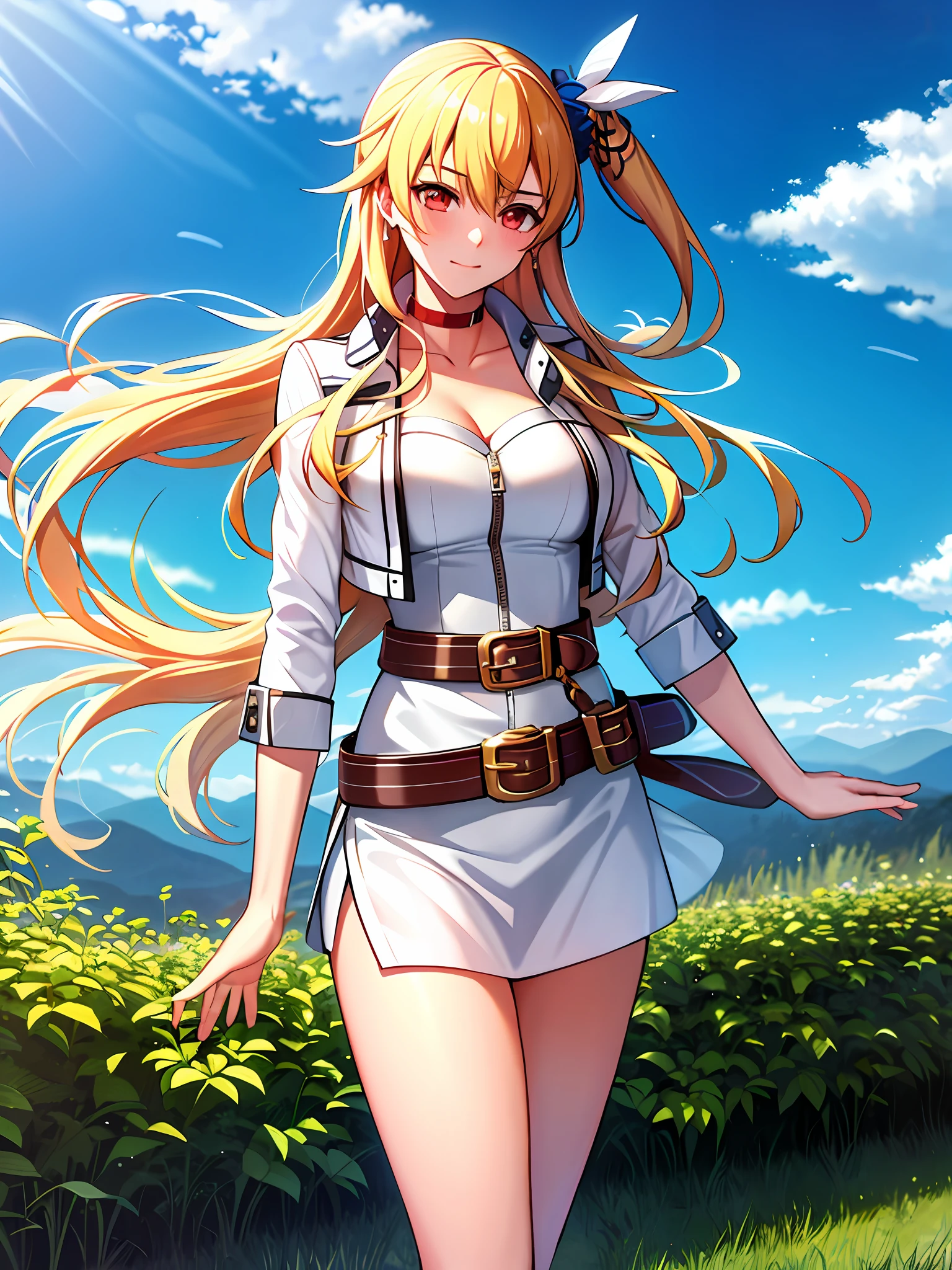 masterpiece, ultra high quality cg, best quality, perfect image, alisa reinford, scrunchie, white jacket, strapless dress, belt, cowboy shot, blushing, looking away, park