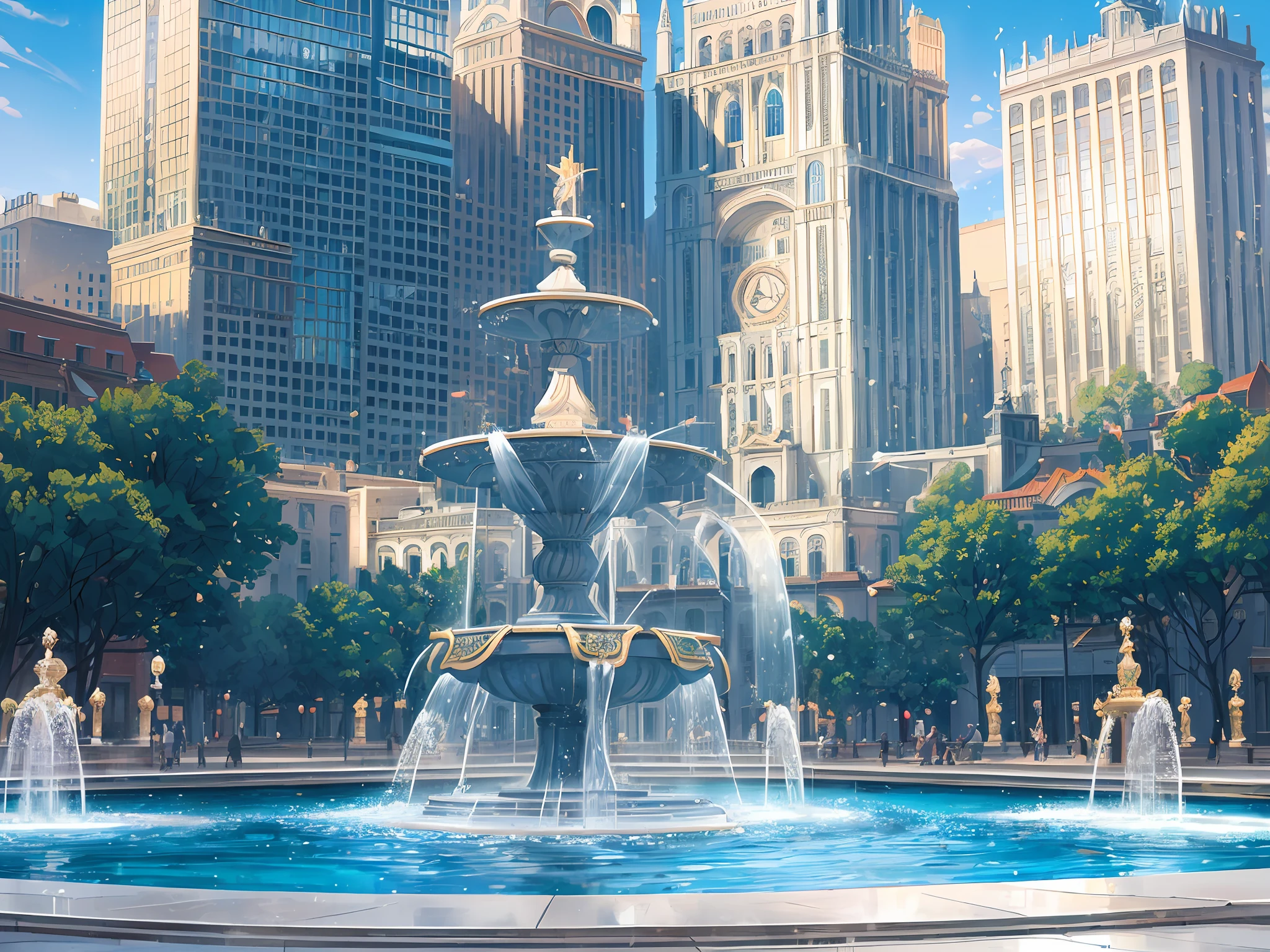There is a fountain in the middle of the courtyard, a fountain in the middle, in the town square, (visually stunning, city square, circular building in the background, city, on a great neoclassical square, historical background, neat and dense buildings, Kowloon, highly ornate, fountain --auto --s2