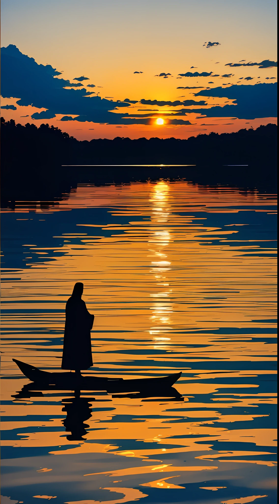 A serene scene of a tranquil lake at sunset, with the silhouette of Jesus walking on water. --auto --s2