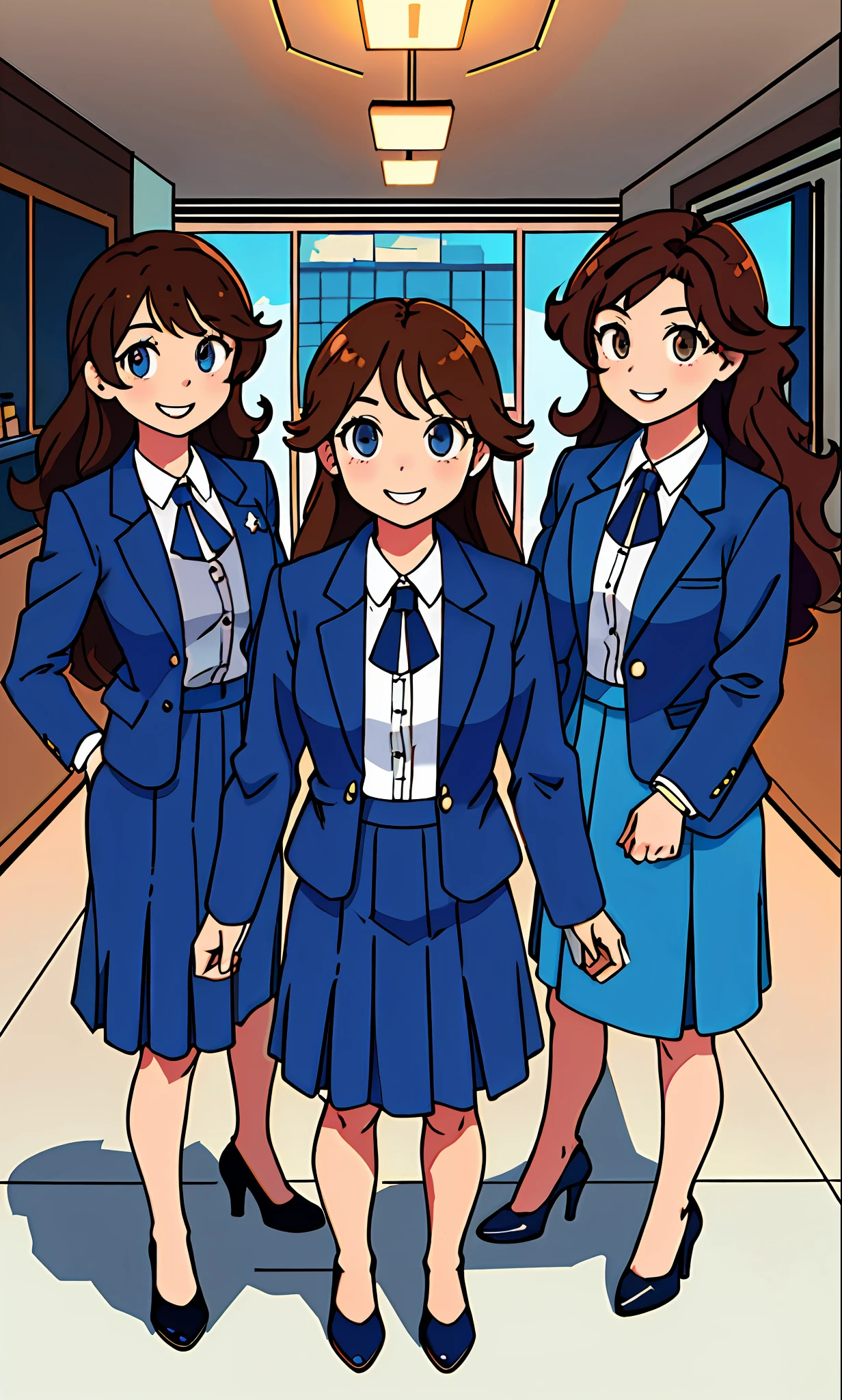 perfect anime illustration, 3girls, triplets, identical sisters, brown hair, curly hair, long hair, matching hairstyle, hazel eyes, smiling, business attire, blue skirt suit, black high heels, matching outfits, businesswomen, highres, full body, bare legs