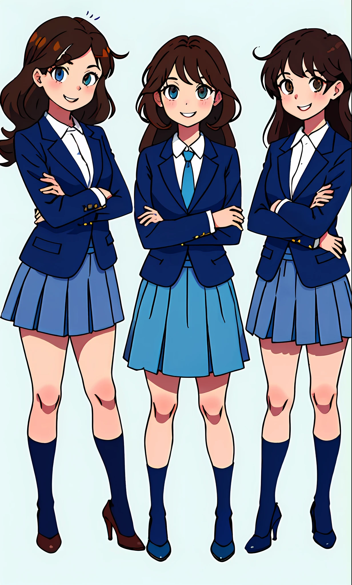 perfect anime illustration, 3girls, triplets, identical sisters, brown hair, curly hair, long hair, matching hairstyle, hazel eyes, smiling, business attire, blue skirt suit, black high heels, matching outfits, businesswomen, highres, full body, bare legs