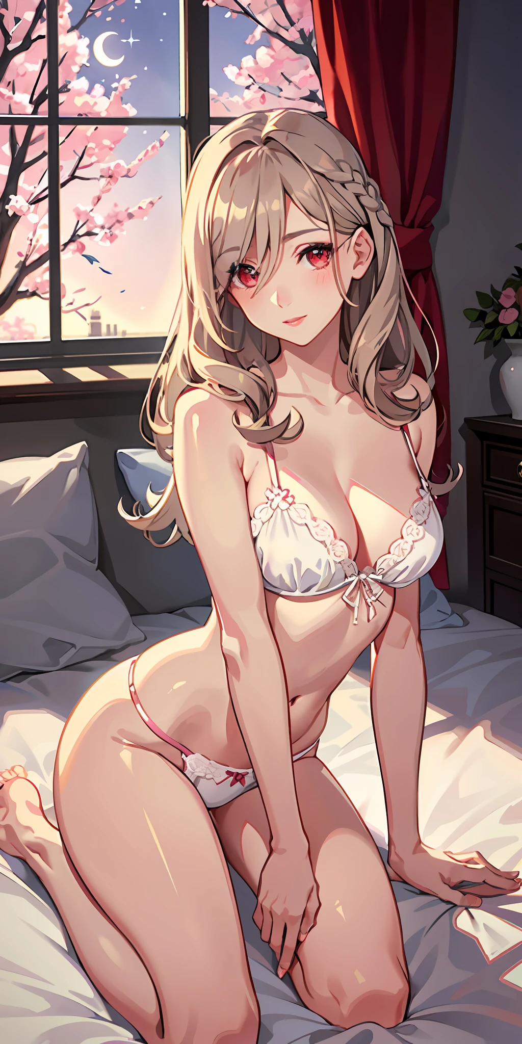 realistic, 1girl, hair over one eye, parted lips, blush, makeup, light smile, pajamas, glow, thighs, red eyes, collarbone, narrow waist, bedroom, window, moon, on side, (masterpiece), television, wallpaper, moonlight, underwear,