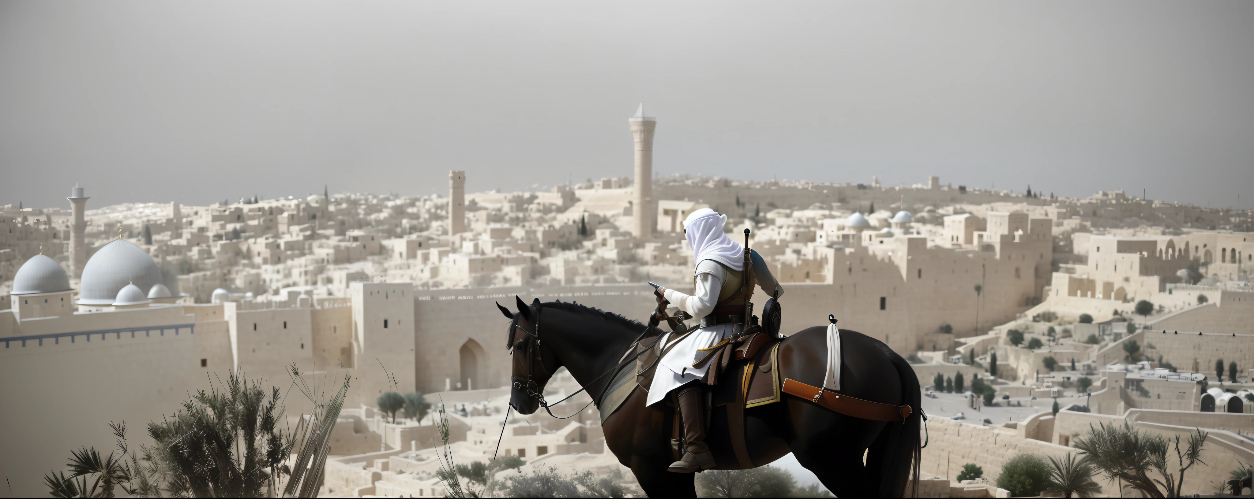 Horseback assassins overlook the city, Handsome man in the sunset, Colorful Jerusalem landscape, extreme light and shadow, Color saturation, middle East, With Arabic elements, Mysterious Watcher, Charming sunset, Dusk view, Arab Assassin's Creed, Arab Assassins wandering through ancient Jerusalem, Assasin, White clothes - auto --s2