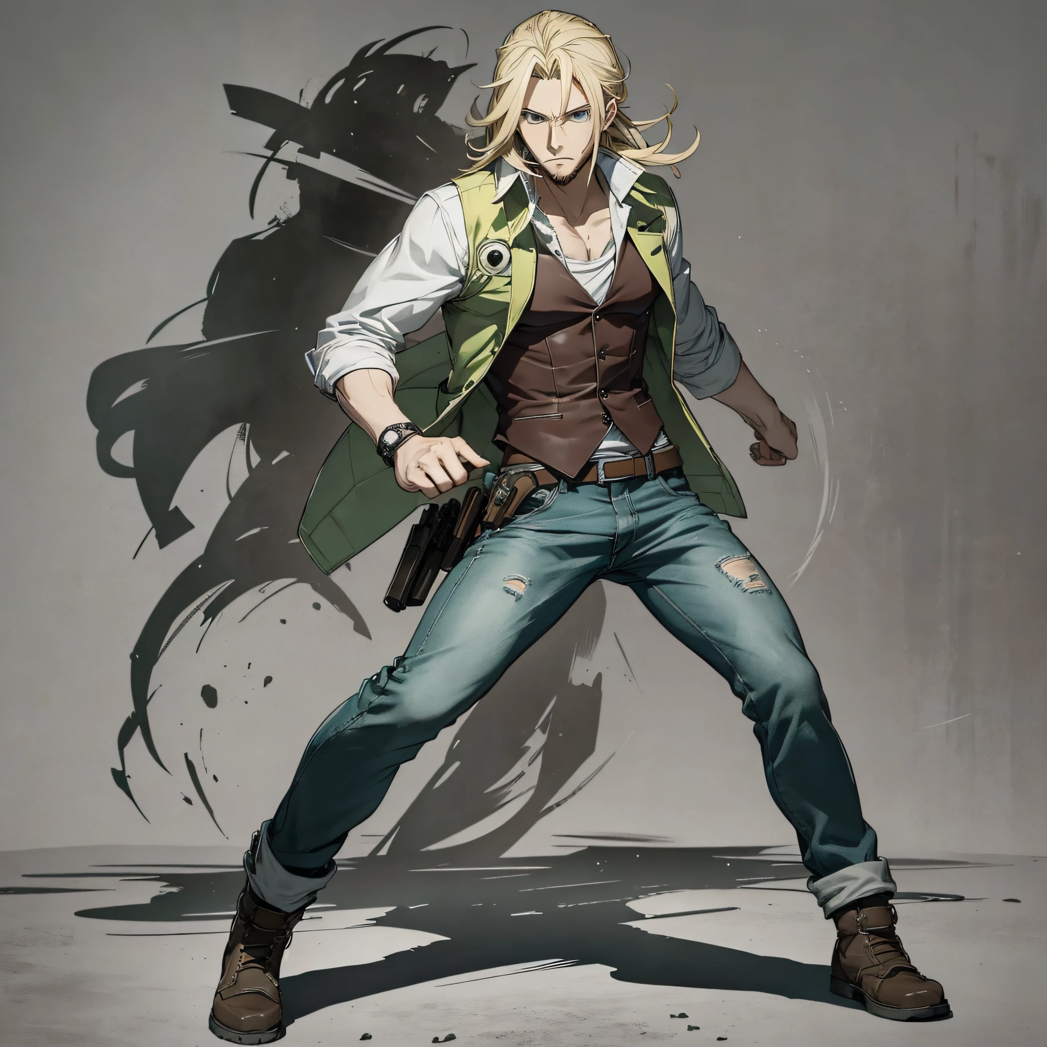 ANIME character man, full body, STRONG, long blonde hair, ((design sketches)), (masterpiece), extremely detailed, (original design reserved), (random poses), LEADER, (unique accessories), (clothing, green vest, jeans), (bearded face) professionally retouched, white background, (male: 1.1) martial arts, parkour (cauça Jeans r: 0.8), (dirty: 1.1), (movement: 0.8), (young: 1.3), (sprint: 0.6) (silent hill concept) (resident evil concept) --auto --s2