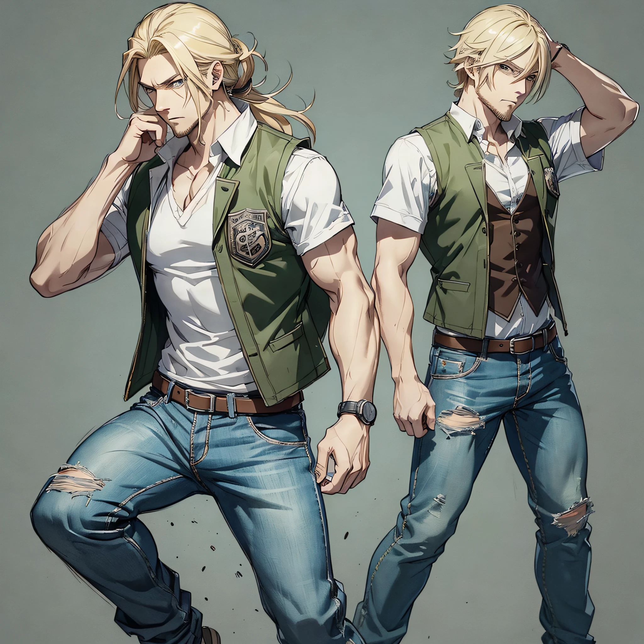 ANIME character man, full body, STRONG, long blonde hair, ((design sketches)), (masterpiece), extremely detailed, (original design reserved), (random poses), LEADER, (unique accessories), (clothing, green vest, jeans), (bearded face) professionally retouched, white background, (male: 1.1) martial arts, parkour (cauça Jeans r: 0.8), (dirty: 1.1), (movement: 0.8), (young: 1.3), (sprint: 0.6) (silent hill concept) (resident evil concept) --auto --s2