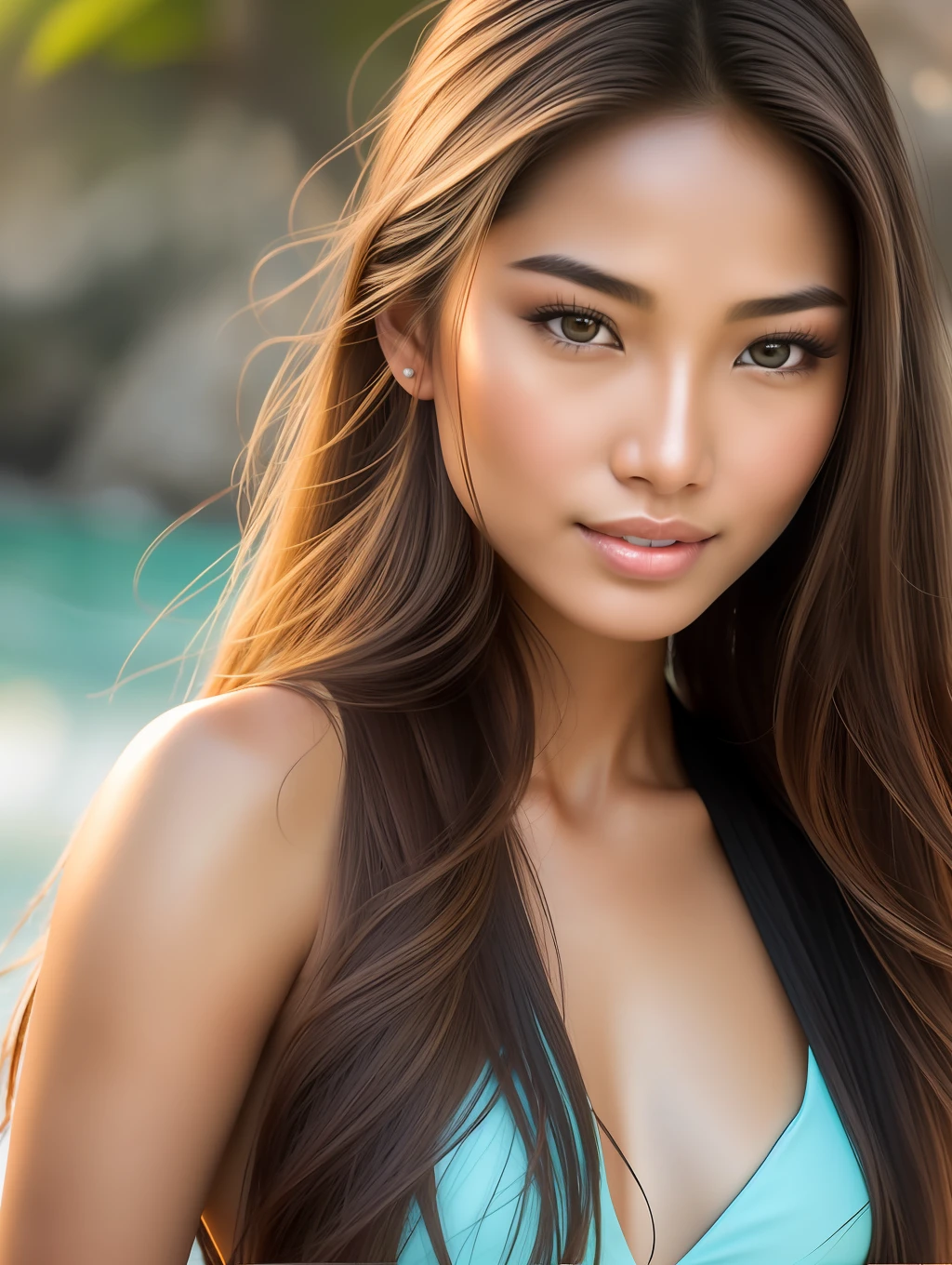 Cinematic soft lighting illuminates a stunningly detailed and ultra-realistic beautiful Oriental Thai-Filipina supermodel, beach look, long messy windy brown hair, clear honey eyes, captivating perfect smile, sensual, hot woman, gorgeous, that is trending on ArtStation. Octane is the perfect tool to capture the softest details of this 16k photography masterpiece.