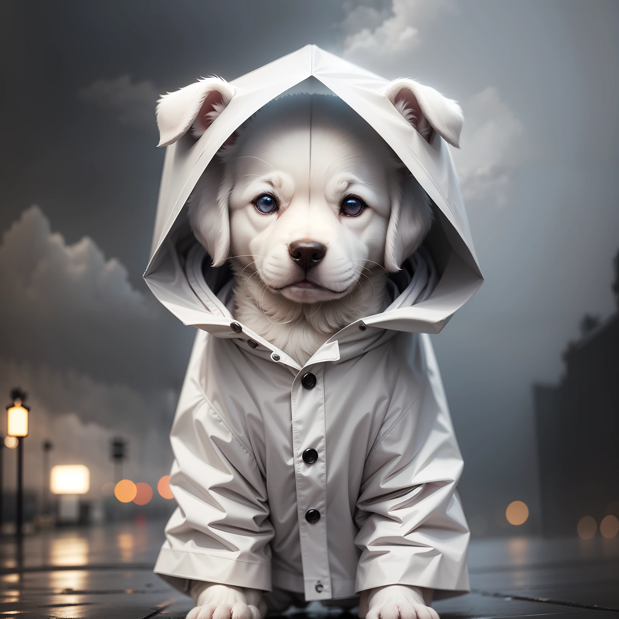 White puppy in raincoat, stormy weather, with cinematic lighting and ultra-realistic details --auto --s2
