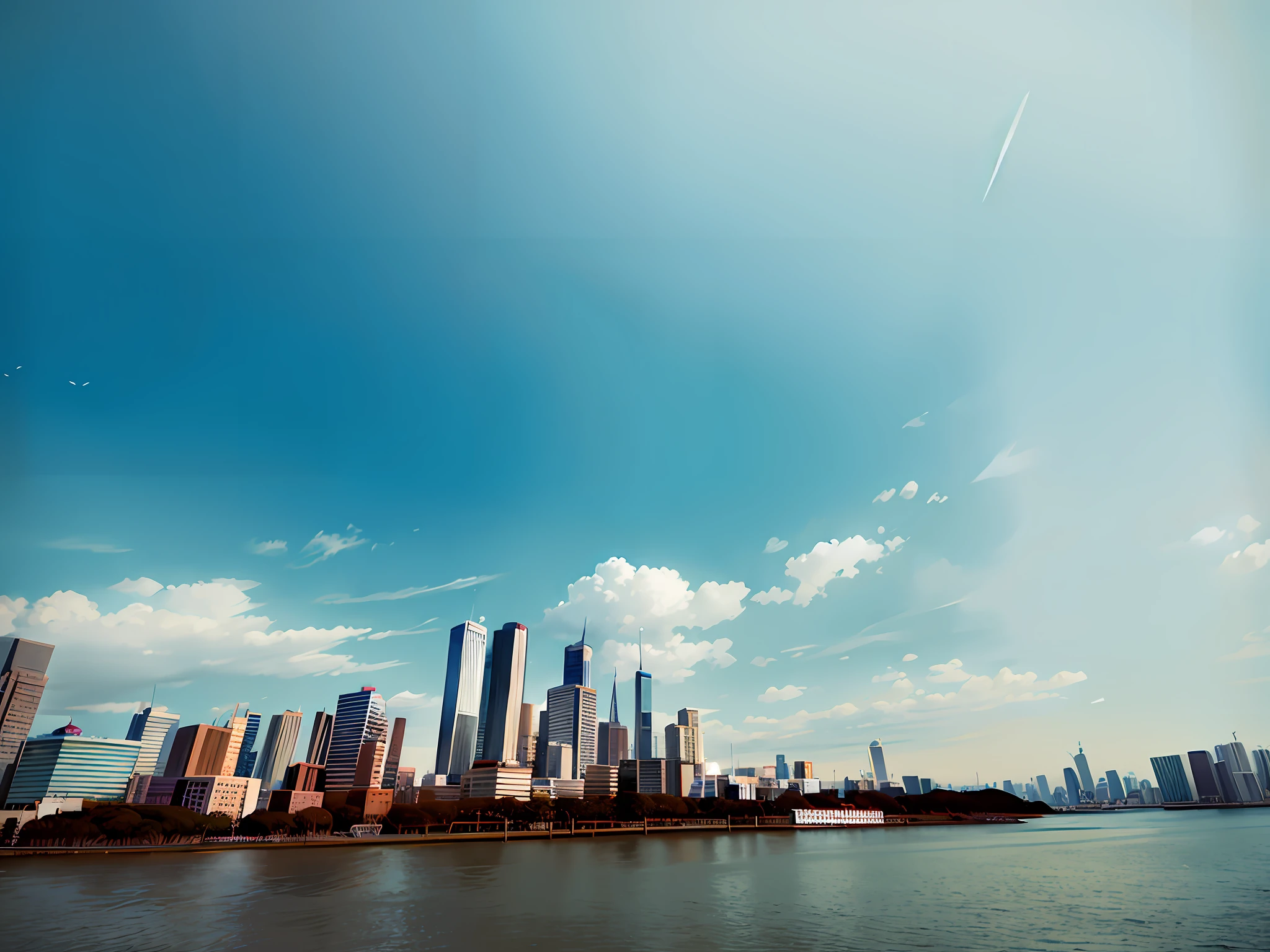 there is a view of a city from a boat on the water, clear blue sky vintage style, high-rise buildings, tall buildings on the sides, city in backround, super wide view of a cityscape, building along a river, city skyline in the backround, tall buildings in background, high rise buildings, wide angle river, low angle wide shot