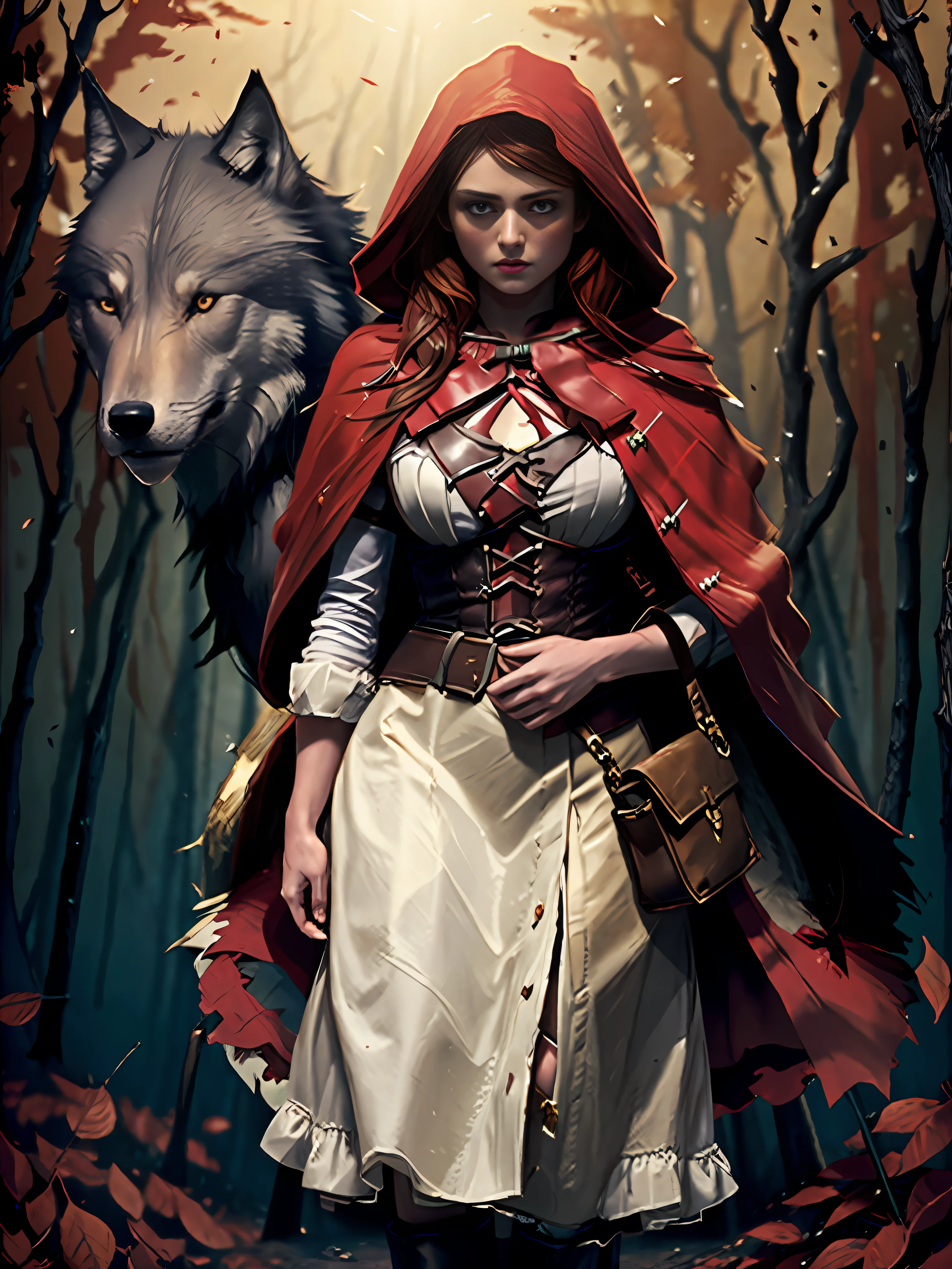 Young young red riding hood extremely beautiful subtle, golden hour, photorealistic, high contrast, 8k HD, detailed, hyper-detailed, realistic skin texture, covered with red hood, big chest, best quality, ultra high res, raw photo, dramatic lighting, unreal engine, diffuse brightness, intricate red hood, outdoor, realistic detailed dark forest, falling leaves, breeze, (holding the wolf collar)