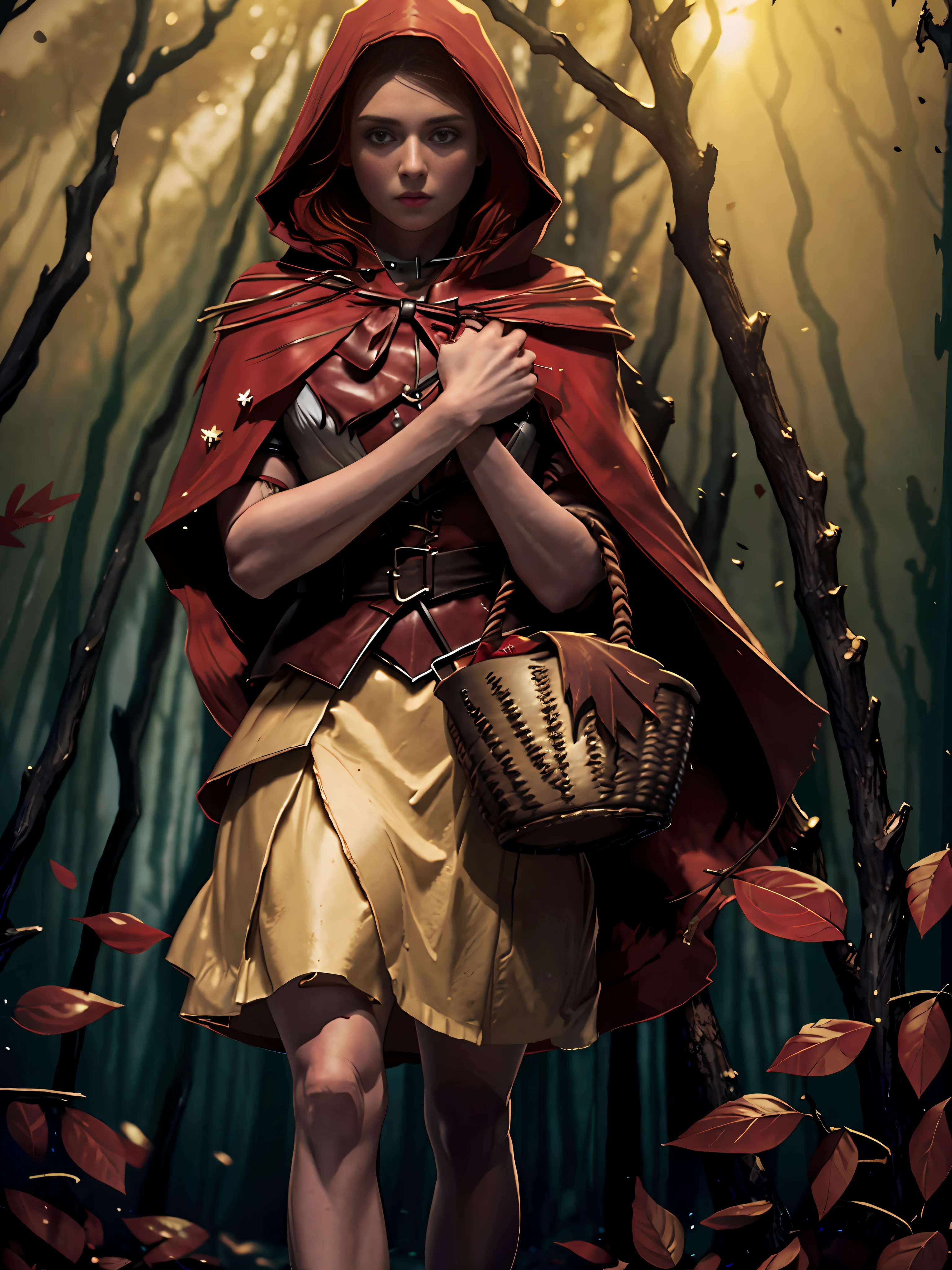 Young young red riding hood extremely beautiful subtle, golden hour, photorealistic, high contrast, 8k HD, detailed, hyper-detailed, realistic skin texture, covered with red hood, big chest, best quality, ultra high res, raw photo, dramatic lighting, unreal engine, diffuse brightness, intricate red hood, outdoor, realistic detailed dark forest, falling leaves, breeze, (holding the wolf collar)