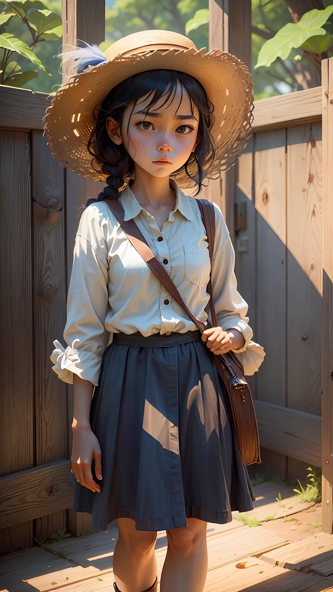 A girl holding a straw hat is standing by a wooden siding, in the style of animated film pioneer, movie still, lit kid, stark contrast, amber, strong facial expression --auto --s2