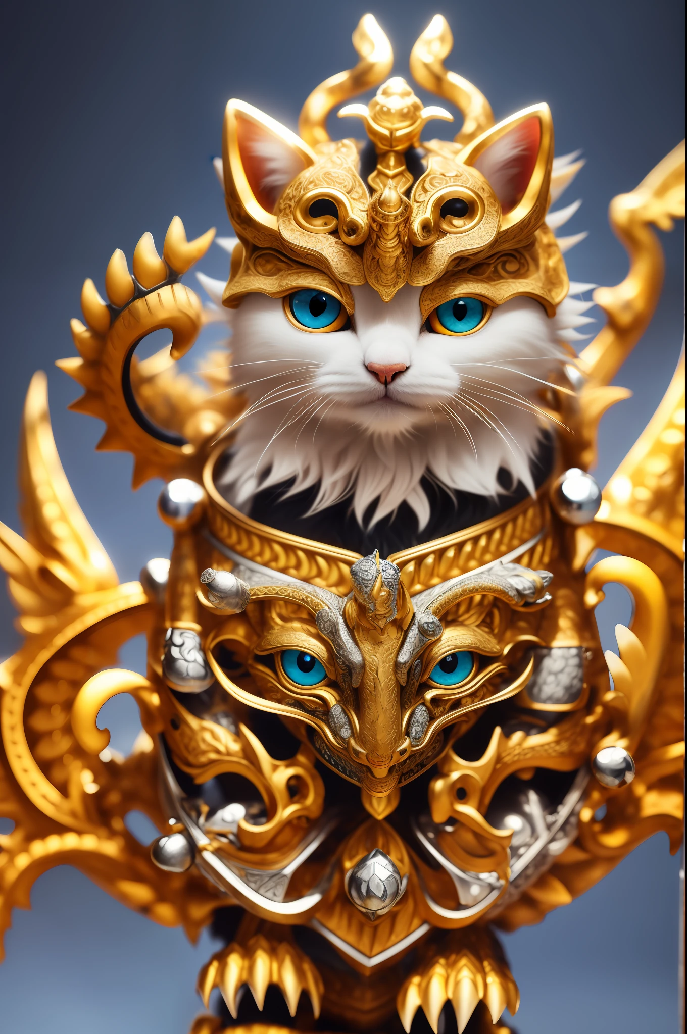 To8contrast Style, a cute yellow furry kitten, whose body is covered with silver armor with an Asian dragon pattern, wearing a dragon's head-shaped helmet, eyes as bright as two jewels, is sitting on an exquisitely carved throne with a dragon pattern like the Chinese emperor,  eye to eye, ([tail | detailed wire]:1.3), (intricate details), HDR, (intricate details, hyperdetailed:1.2), cinematic shot, vignette, centered, by Stray game, (the most beautiful portrait in the world:1.5)