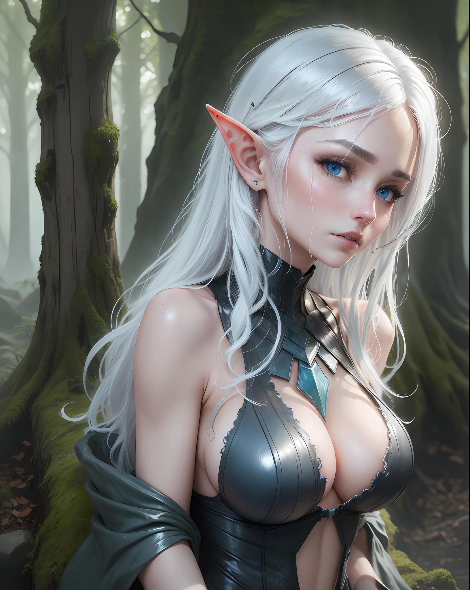 A beautiful elf, wet white hair, big breasts, wet skin, details on the skin, very detailed face, very detailed light blue eyes, camera shot up to the shoulders, a dark forest in the background with an intense fog, film directed by Peter Jackson lens wide angle twilight::20 HR Giger::20 --ar 2048:1536 --iw 1.3 --s 300 --v 5.1 --raw style