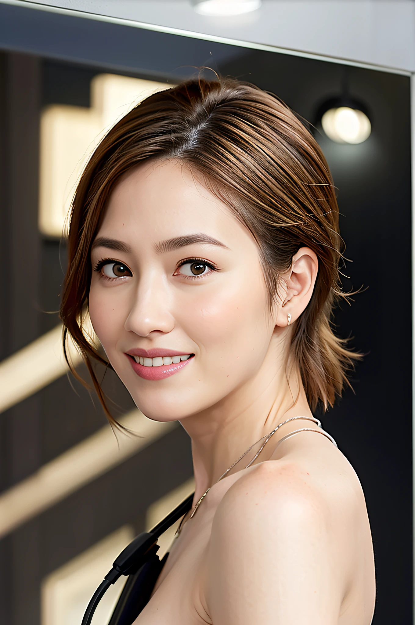 shopping mall, blonde fringe hair, short hair, brown eyes, 1 girl, female employee, smile, innocence, 100mm lens, (photorealistic), (masterpiece, : 1.3), (best quality: 1.4), (ultra high definition: 1.2), ultra high resolution, (detailed eyes), (detailed facial features), HDR, 8k resolution, (stethoscope), distant view, floor reflection, (lens flare: 0.7) , turn around, seduce with chest out
