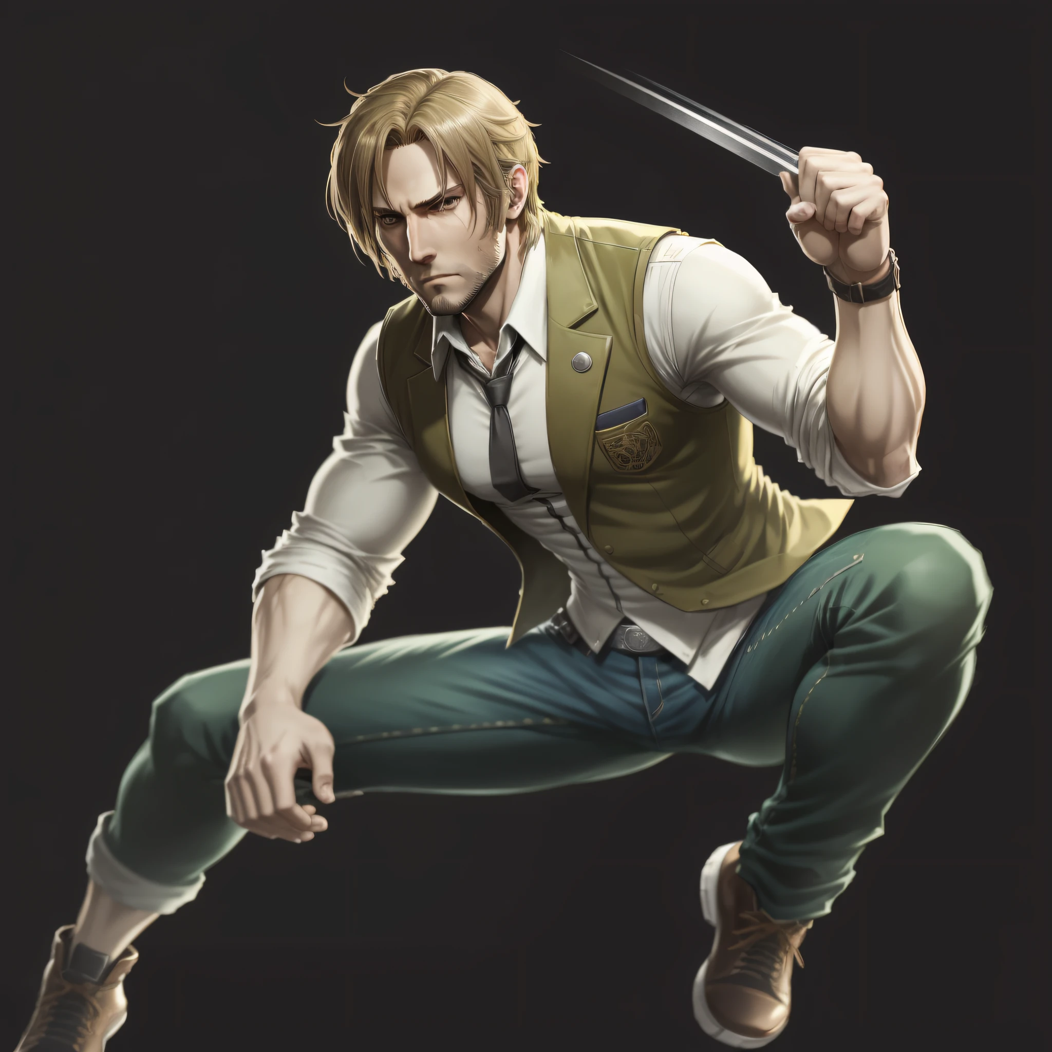 ANIME character man, full body, STRONG, long blonde hair, ((design sketches)), (masterpiece), extremely detailed, (original design reserved), (random poses), LEADER, (unique accessories), (clothing, green vest, jeans), (bearded face) professionally retouched, white background, (male: 1.1) martial arts, parkour (jeans r: 0.8), (dirty: 1.1), (movement: 0.8), (young: 1.3), (sprint: 0.6) (alan wake concept) (resident evil concept) (Leon s Kennedy concept) --auto --s2