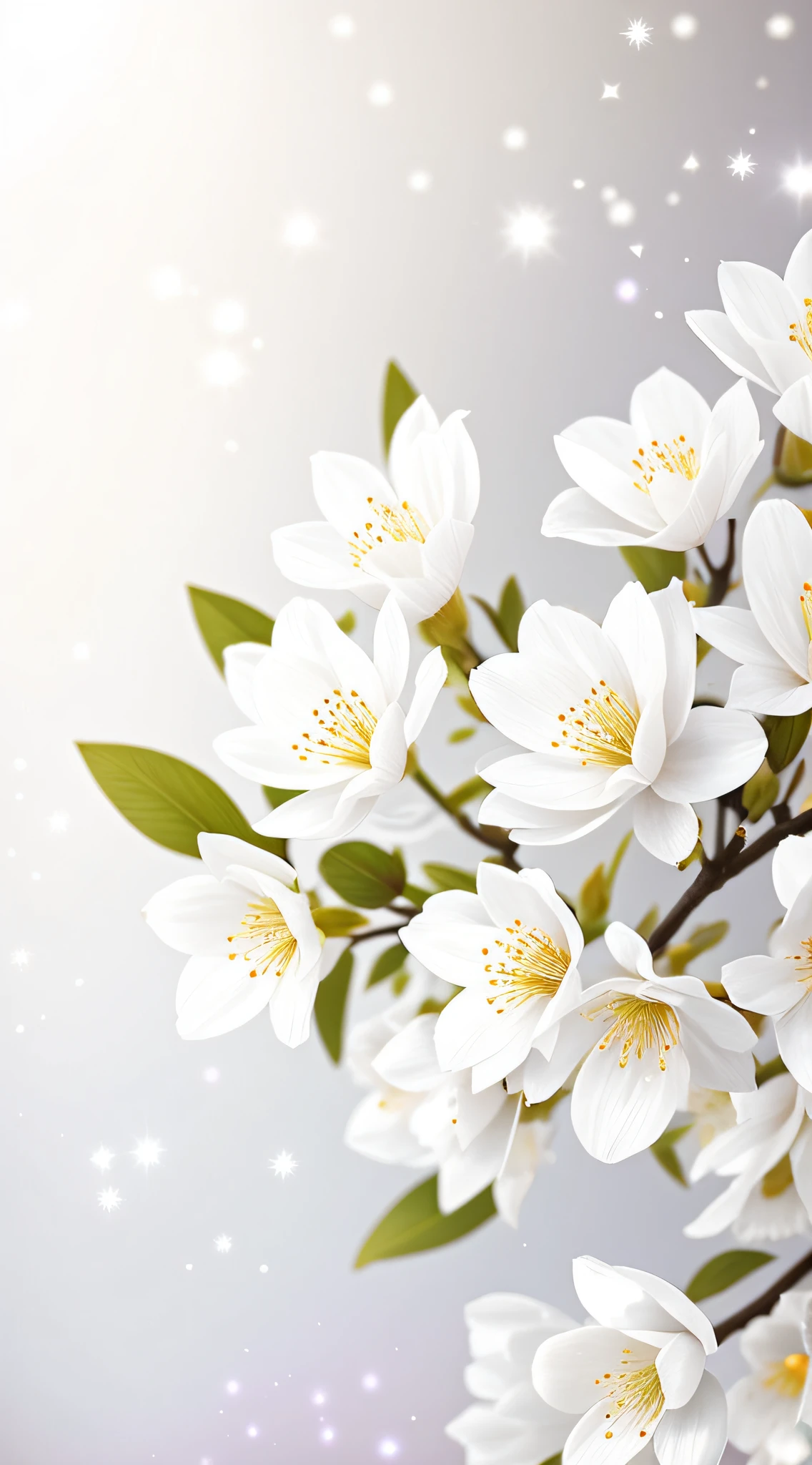 A bouquet of white plum blossoms, ultra-transparent, holy light, beautiful spectral light, dew on petals, twinkle, morning background, transparent droplets, reflected light, bright, light flowing inward, optical, portrait silhouette, sharp focus, magical, intricate, surrealism, fantasy, composition, light, art station trend, pearl, silver patronus cloud pair, caustic surround ray family 16k, ureal ar 23v4 uplight