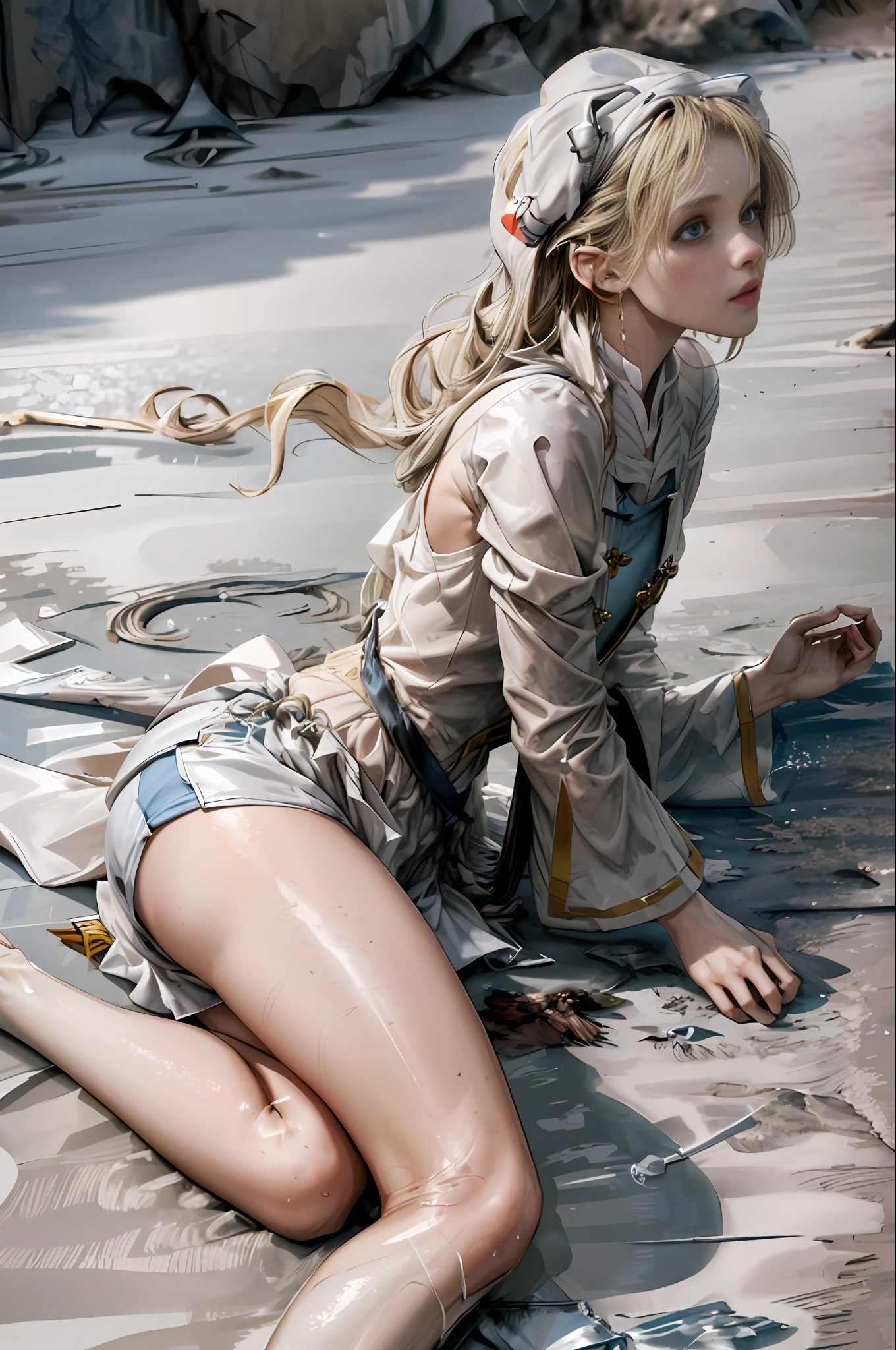 masterpiece, realistic, realism, photorealism, high contrast, in full light, photorealistic digital art trending on Artstation 8k HD high definition detailed realistic, 1girl, (solo:1.5), young beautiful woman, petite, very small perky breasts, ((blue eyes)), (blonde hair:1.2), knee long hair, long tight white dress with slits, white knee high socks, (no head gear:1.5), ((priestess)), parted lips, art by artgerm and ruan jia and greg rutkowski surreal painting, detailed, skin texture, hyper-detailed, realistic skin texture, side view, shore, (lying on the shoreline beach:1.1), (beach:1.5), caribbean sea, (crystal water:1.2), clear water, head down, flustered, drenched