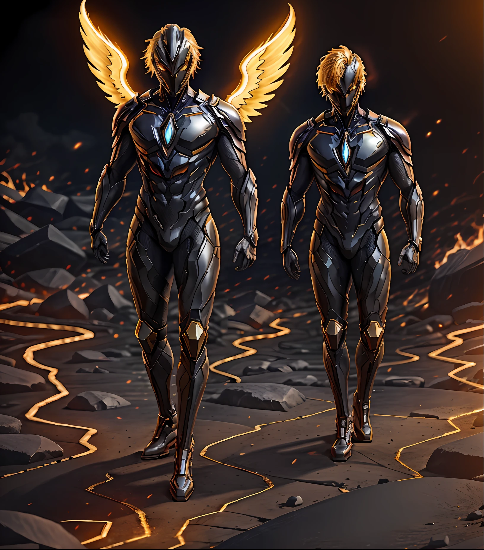 A man (solo) with wings Made of light and golden hair, black suit with golden neon details, walking posture, place filled with flames and incandescent lava on the ground,