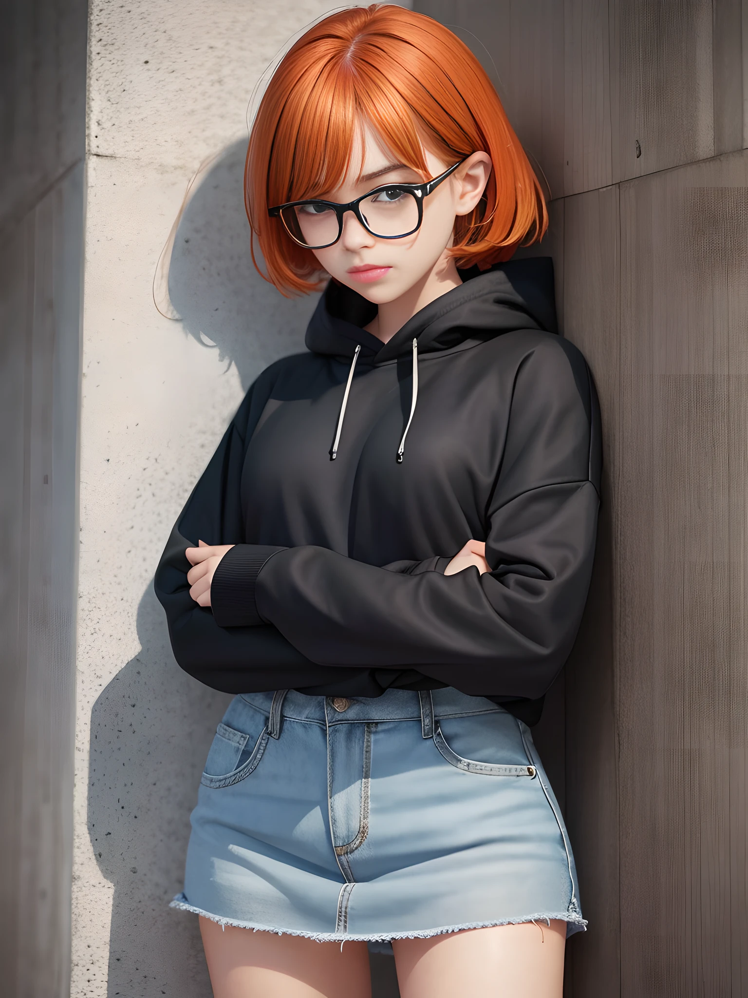 Young beautiful girl pouting on her lips, biting her lips, hands behind her body, embarrassed, shy, looking at the corner, looking tearfully at the camera, she wears no clothes at all, wears short hair, orange hair, glasses and red lips. 16k, realism, hyperdetail, overcast shadow, fisheye perspective, strong wind, wind, heavy rain! (Black sweatshirt: 1.5)