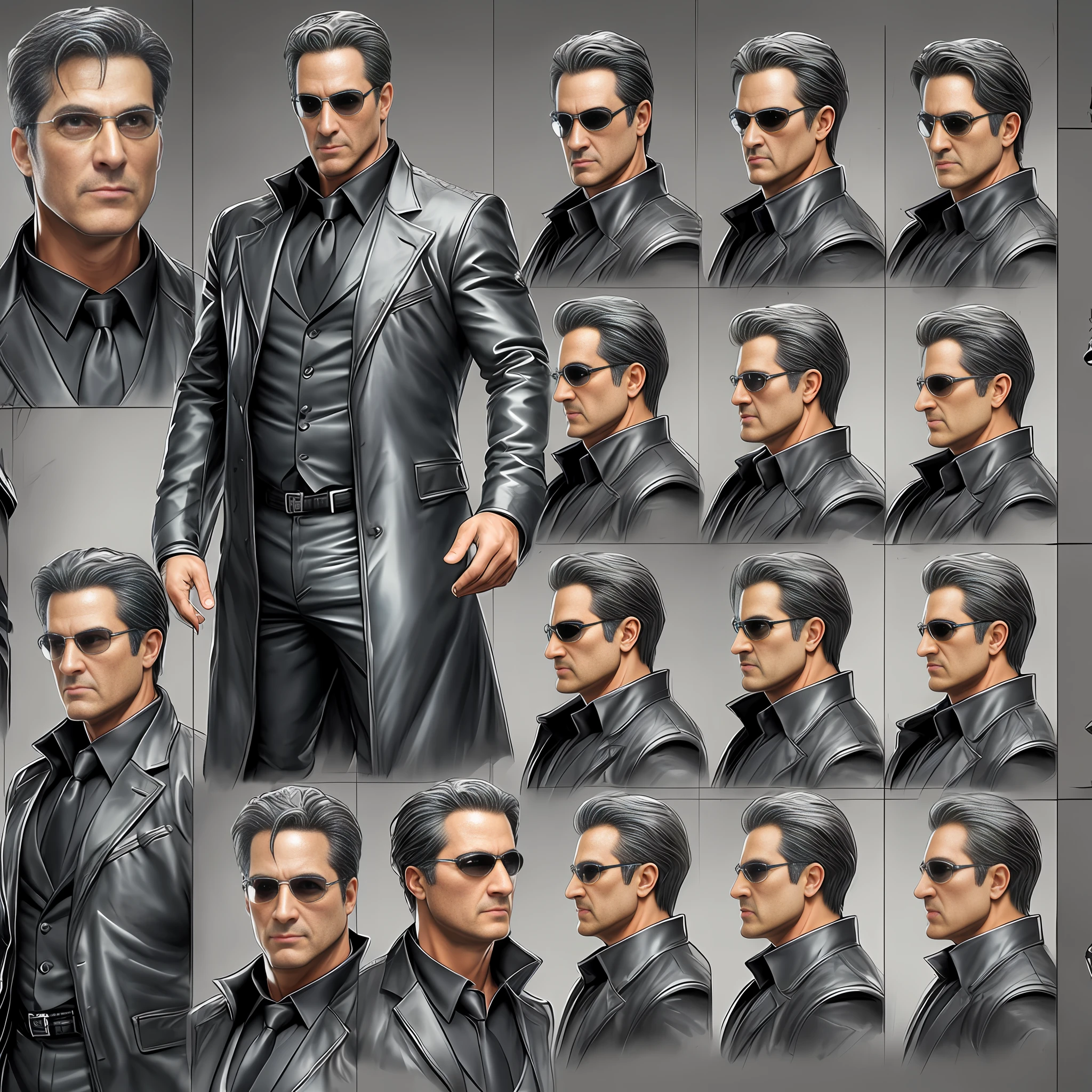 Sketch of a middle-aged man with rich expressions, matrix of 9 images, same costume, different shooting angles, different expressions, high-quality character design, real skin, transparent background. ((Ultra Detail))), ((Best Quality)), ((Masterpiece)), High Resolution, 8K, Anatomically Correct, UHD