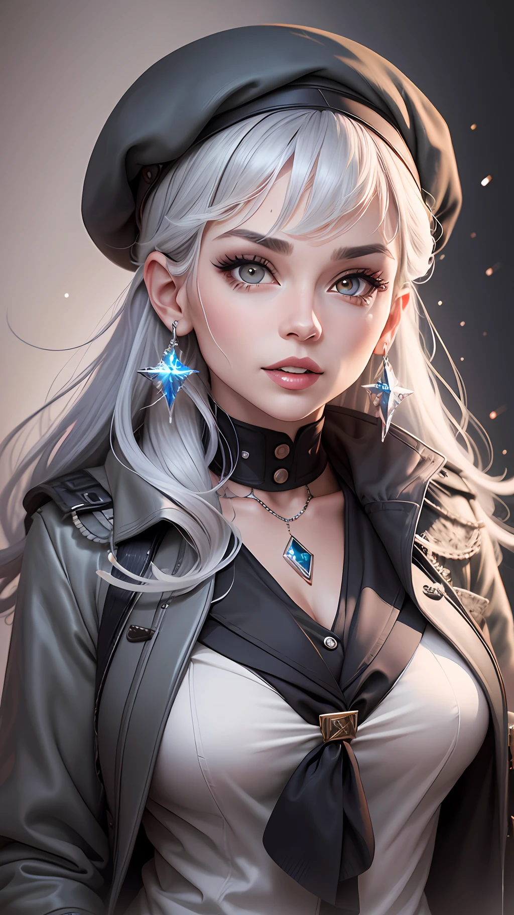 Sexy, grey hair, beret, mismatched pupils, crystal earrings, clenched teeth, sparkle, Conceptual art, 8k