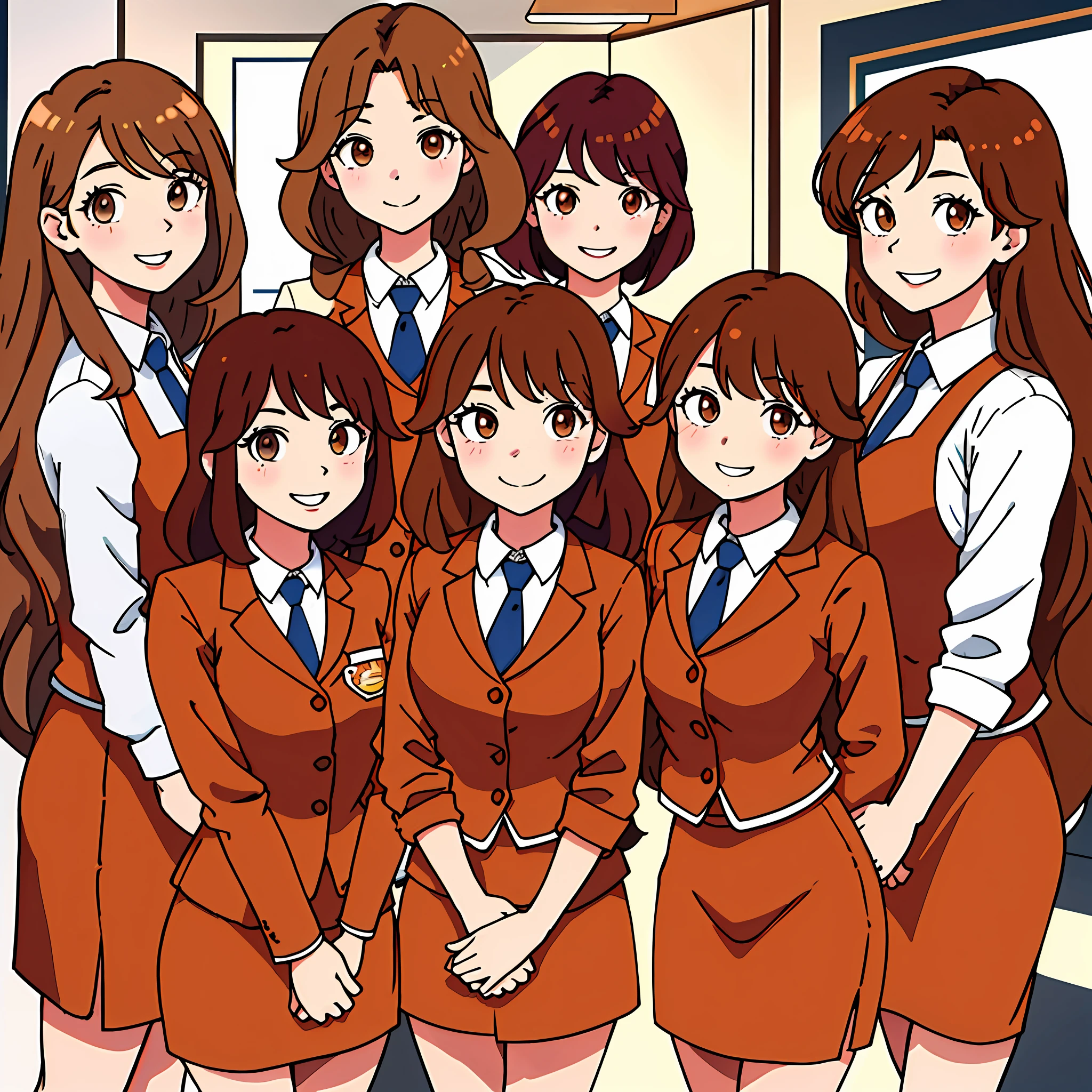 perfect anime illustration, multiple girls, clones, identical sisters, crowded, brown hair, curly hair, long hair, matching hairstyle, hazel eyes, smiling, business attire, matching outfits, businesswomen, highres, full body, bare legs, group picture