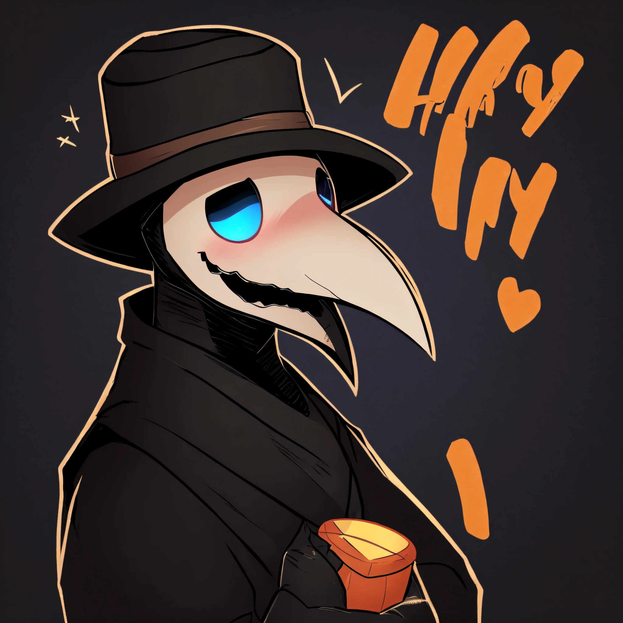 (((happy giving hi))) 1boy, solo, male, plague doctor, plague doctor mask, black hat, wide-brimmed black hat, blue eyes, humanoid eyes, portrait, blush, black background