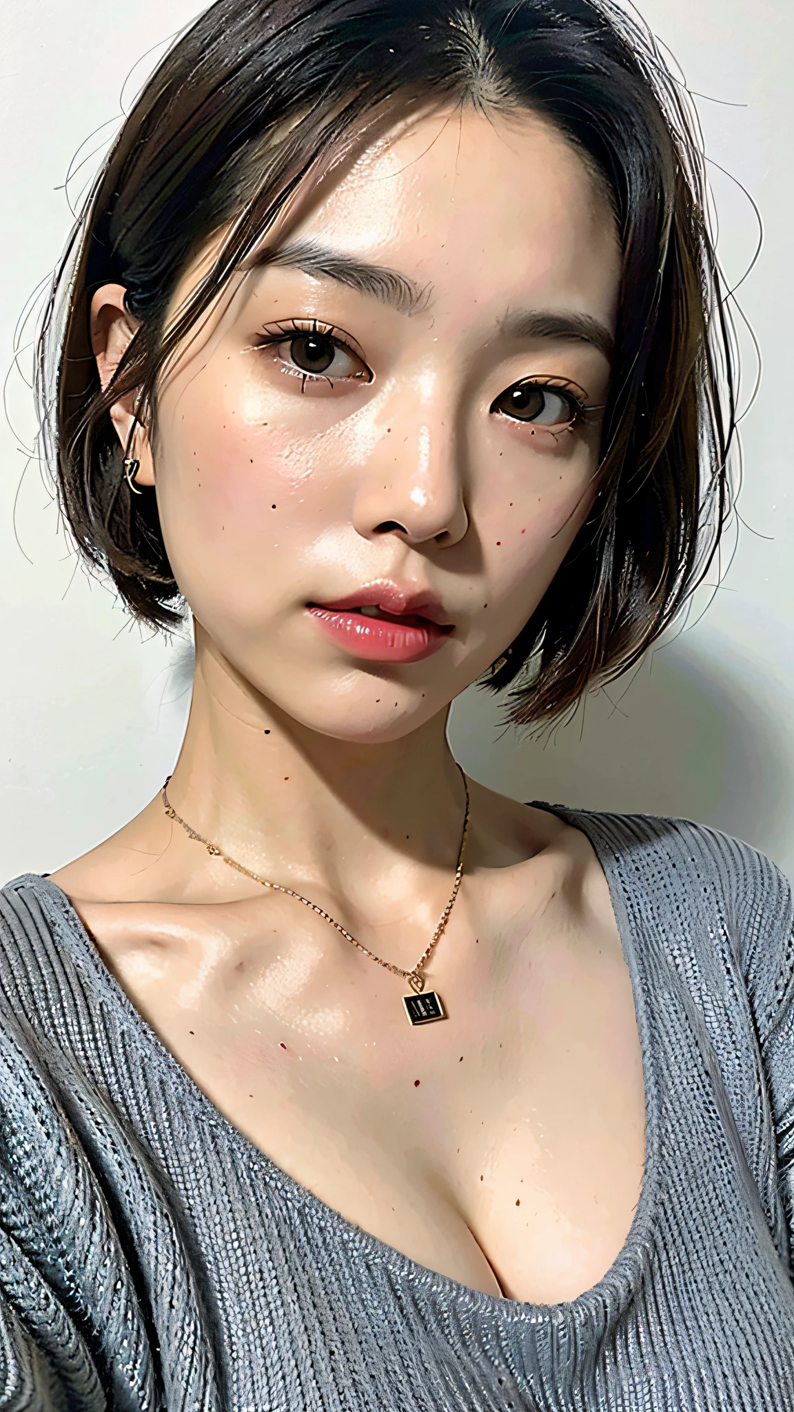 (Best quality, 8k, 32k, Masterpiece, UHD:1.2),Photo of Pretty Japanese woman, large breasts, very short bob hair,upper body,face focus,oversized_sweater, necklace, simple background, from above, looking at viewer,