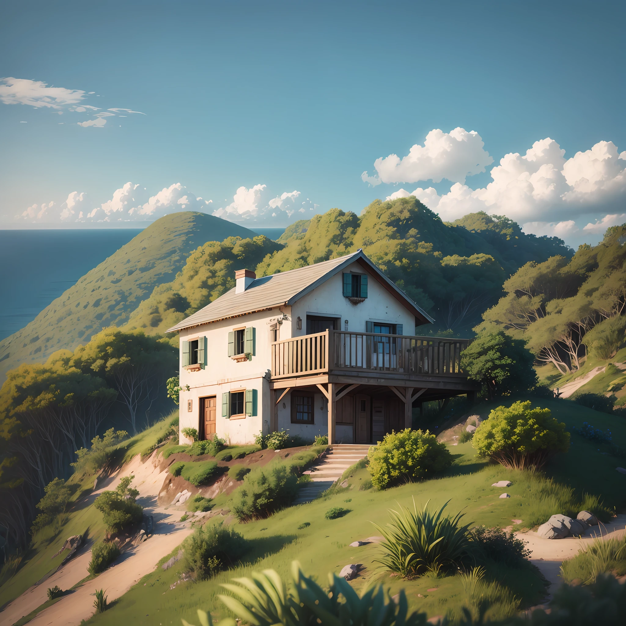 a little house on top of a hill, on the coast --auto --s2