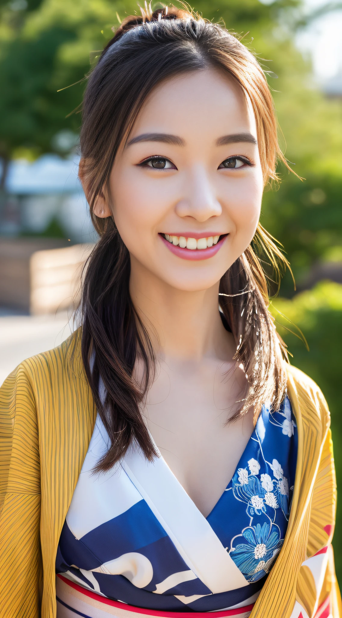 (((top quality, 8k, masterpiece))), crisp focus, (beautiful woman with perfect figure), slender, (hairstyle: up)), (kimono: colorrandom)), street: 1.2, highly detailed face and skin texture, detailed eyes, double eyelids, random posture, seduction with (smile), Japan person, chest out