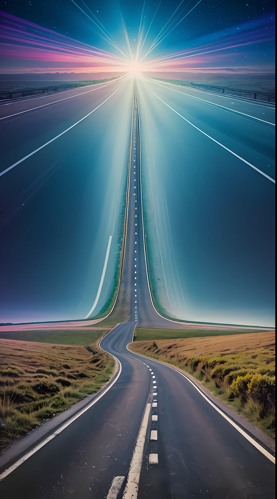 An image of a long, winding road, leading to a bright light on the horizon