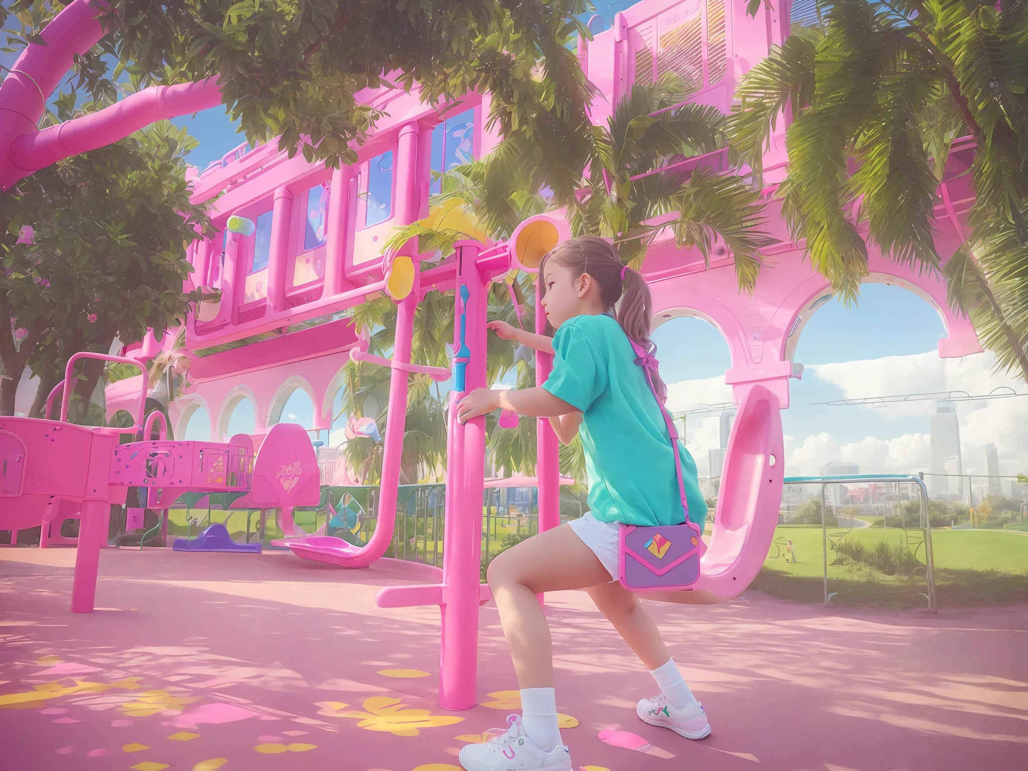 there is a young girl that is playing on a playground, 🤬 🤮 💕 🎀, shot with iphone 1 0, trending ，, working out, with a park in the back ground, shot on iphone 1 3 pro max, with a park in the background, on a sunny day, 🕹️ 😎 🚬, urban playground, playground