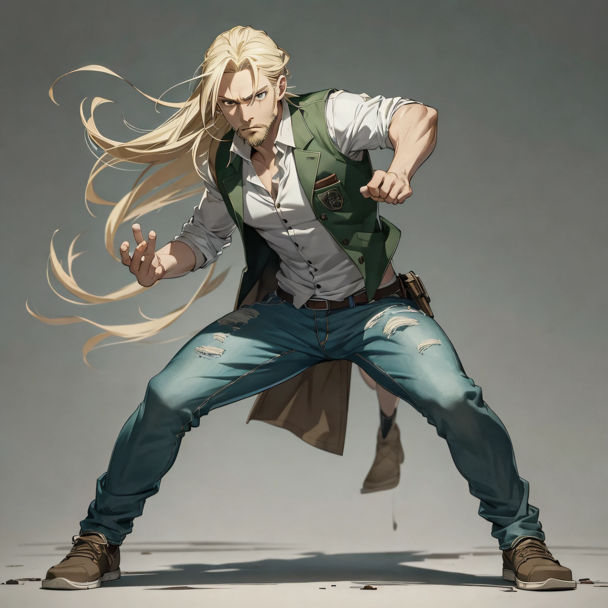 character ANIME man, FULL BODY, standing, STRONG, long blonde hair, ((design sketches)), (masterpiece), extremely detailed, (original design reserved), (random poses), LEADER, (unique accessories), (clothing, green vest, jeans), (bearded face) professionally retouched, white background, (male: 1.1) martial arts, parkour (cauça Jeans r: 0.8), (dirty: 1.1), (movement: 0.8), (young: 1.3), (sprint: 0.6) (silent hill concept) (resident evil concept) --auto --s2