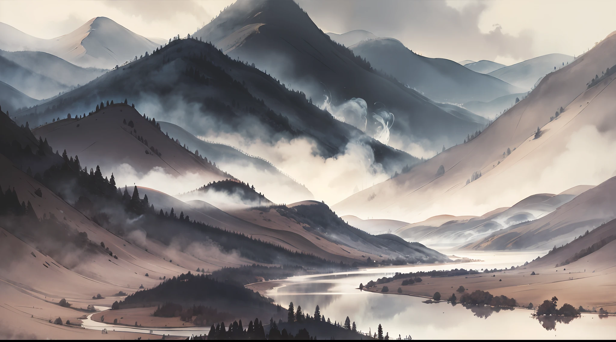 Thousands of miles of rivers and mountains, smoke and rain hazy, subtle reflection, swaying dynamic. - Watercolor style, spectral art, splash blending