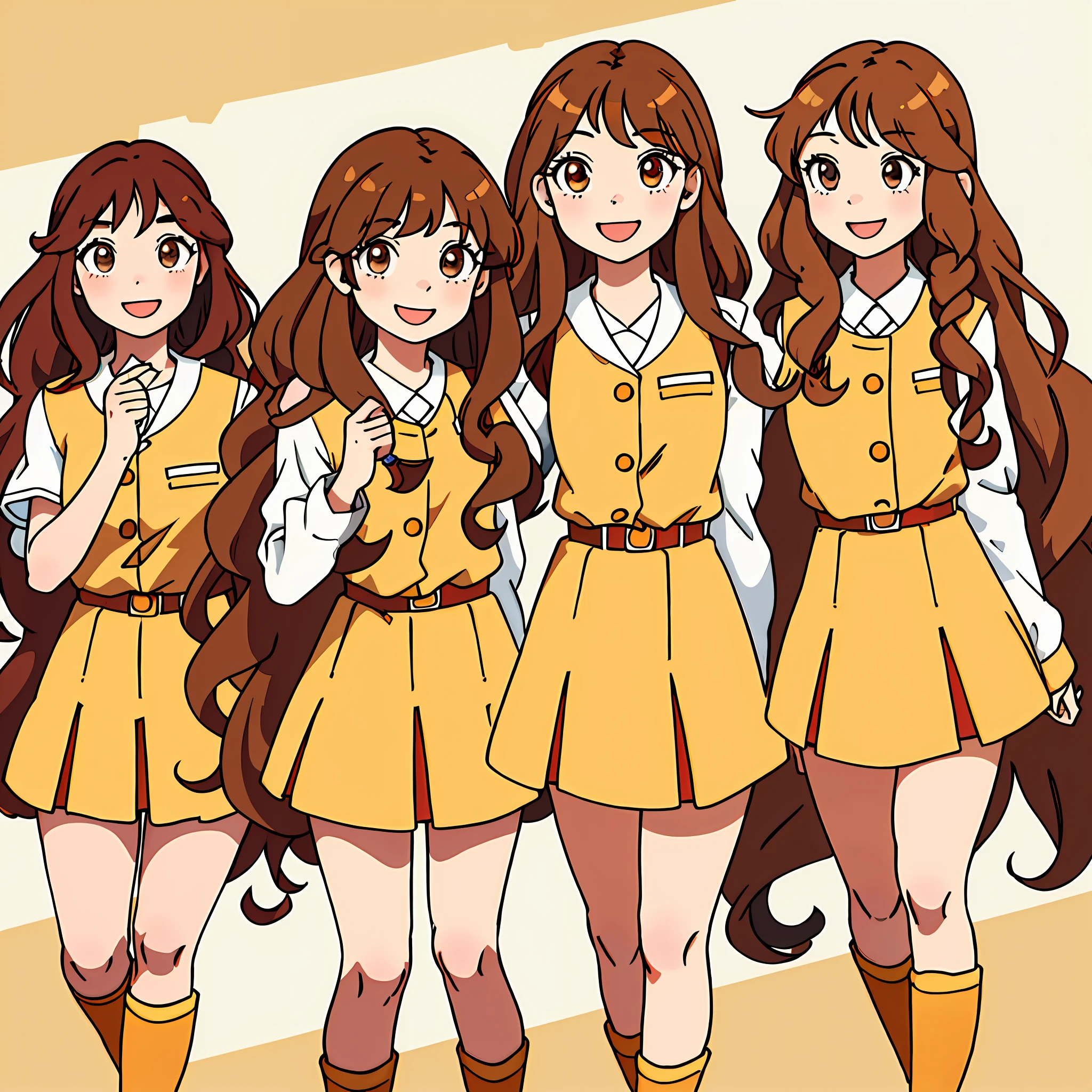 perfect anime illustration, multiple girls, clones, identical sisters, crowded, brown hair, curly hair, long hair, matching hairstyle, hazel eyes, smiling, uniforms, matching outfits, highres, full body, bare legs, group picture