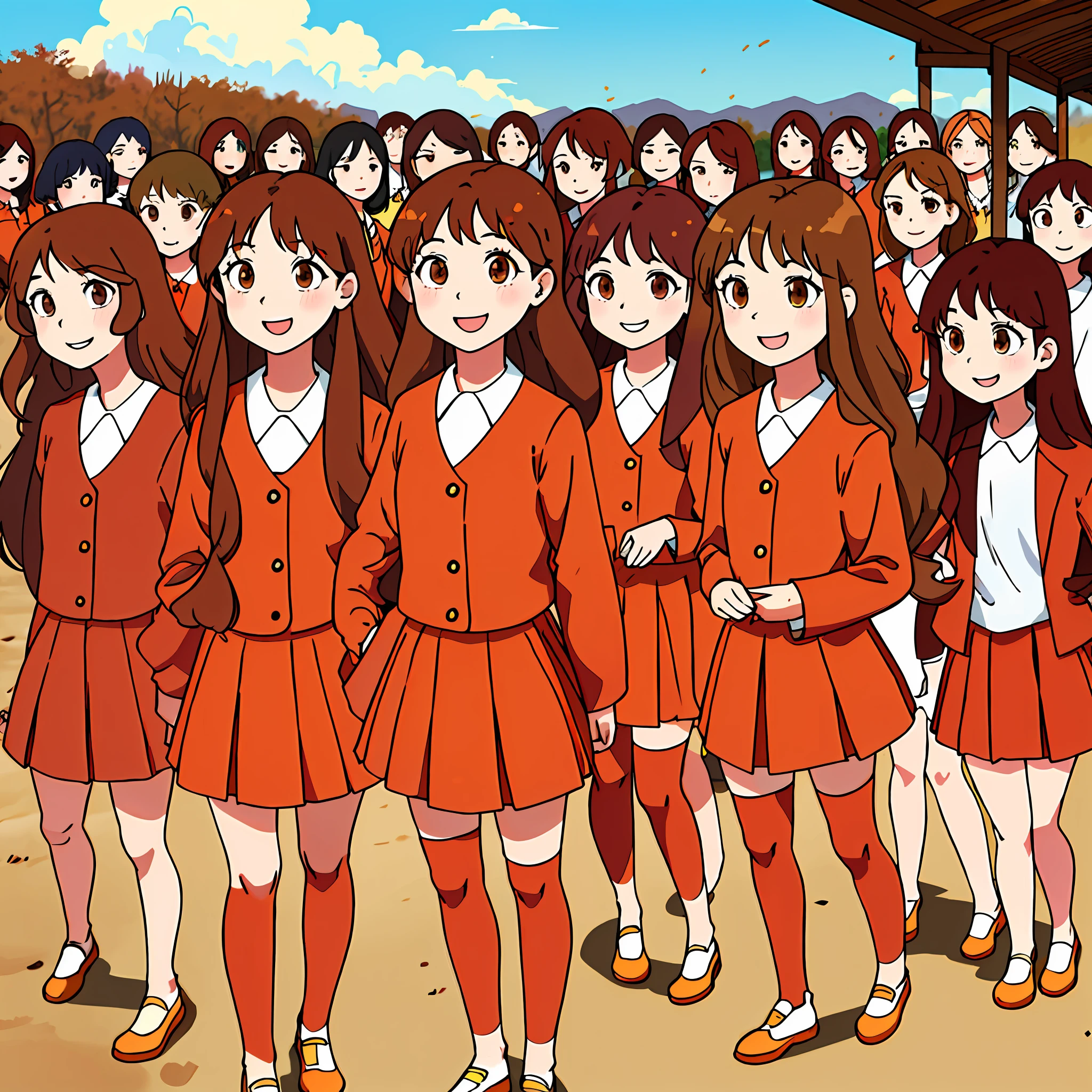 perfect anime illustration, multiple girls, clones, identical sisters, crowded, brown hair, curly hair, long hair, matching hairstyle, hazel eyes, smiling, uniforms, matching outfits, highres, full body, bare legs, group picture