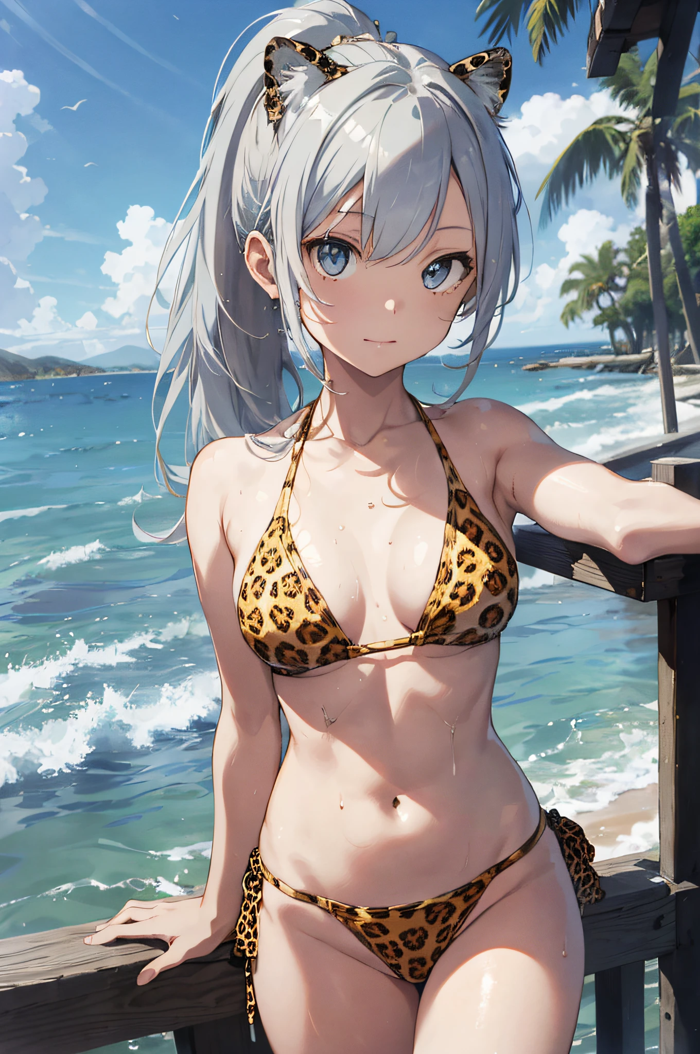 Beautiful, Masterpiece, Best Quality, Hiqcgbody, Anime, 1girl, Medium, Bikini, ((Leopard Swimsuit)), Portrait Shots, View Viewers, Partially Submerged,Southern,Seaside, ((Silver Hair)),(Cat Ears),Ponytail,Wet Skin, Intricate Details,>,((with cover)
