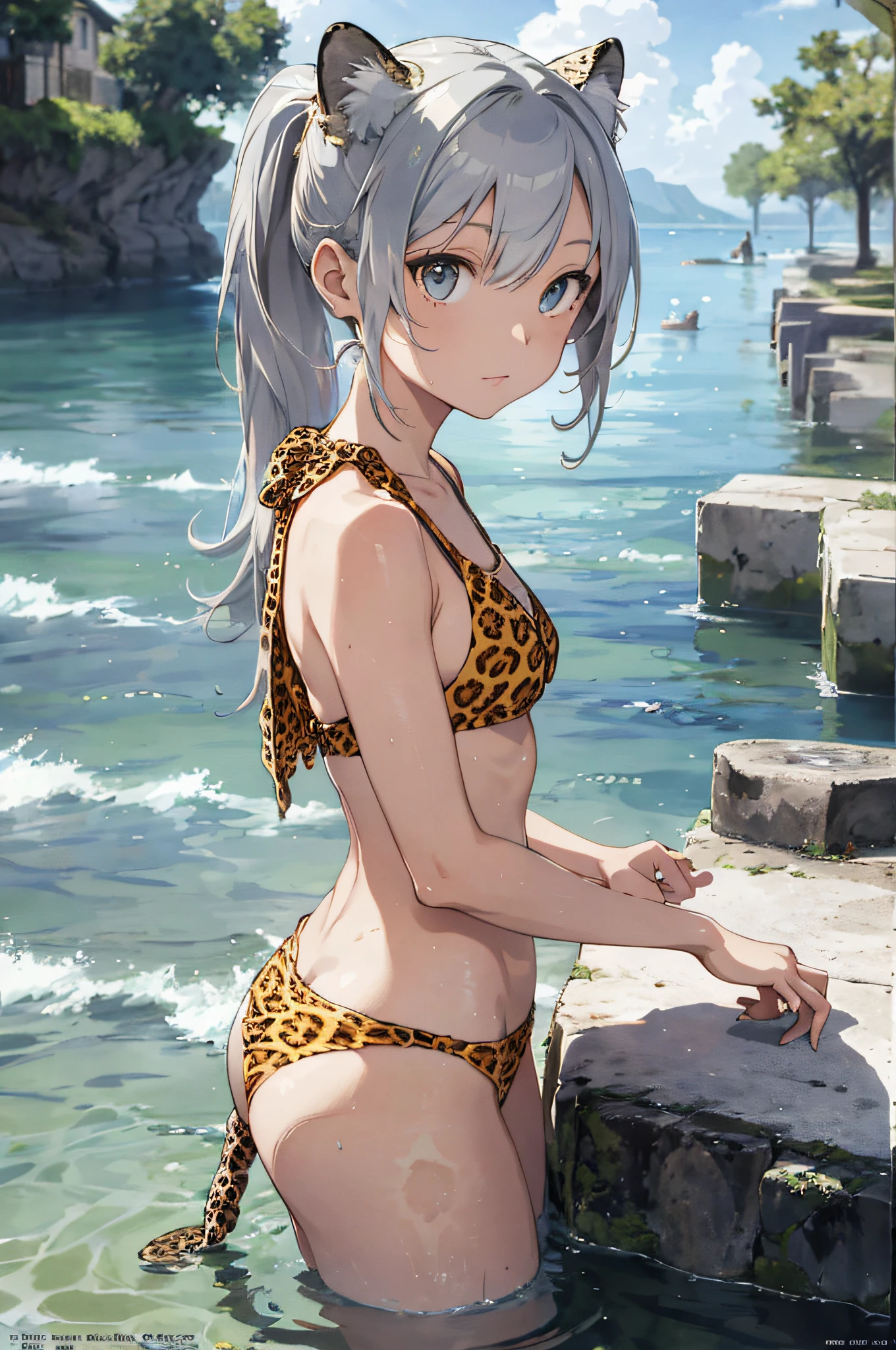 Beautiful, Masterpiece, Best Quality, Hiqcgbody, Anime, 1girl, Medium, Bikini, ((Leopard Swimsuit)), Portrait Shots, View Viewers, Partially Submerged,Southern,Seaside, ((Silver Hair)),(Cat Ears),Ponytail,Wet Skin, Intricate Details,>,((with cover)