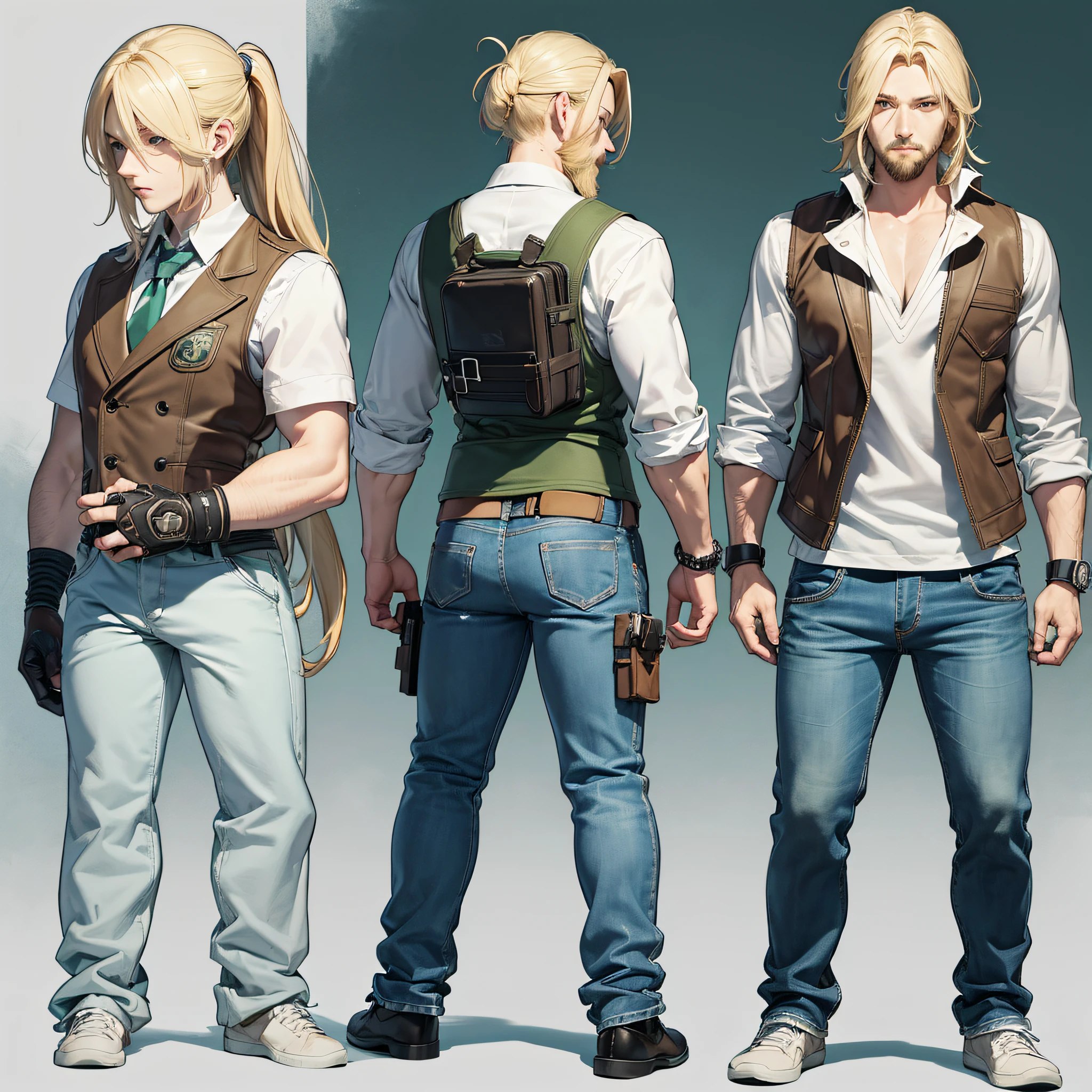 character ANIME man, SEEN FROM BEHIND, standing, STRONG, long blonde hair, ((design sketches)), (masterpiece), extremely detailed, (original design reserved), (random poses), LEADER, (unique accessories), (clothing, green vest, jeans), (bearded face) professionally retouched, white background, (male: 1.1) (caucus Jeans r: 0.8), (dirty: 1.1), (movement: 0.8), (young: 1.3), (sprint: 0.6) (silent hill concept) (resident evil concept) --auto --s2
