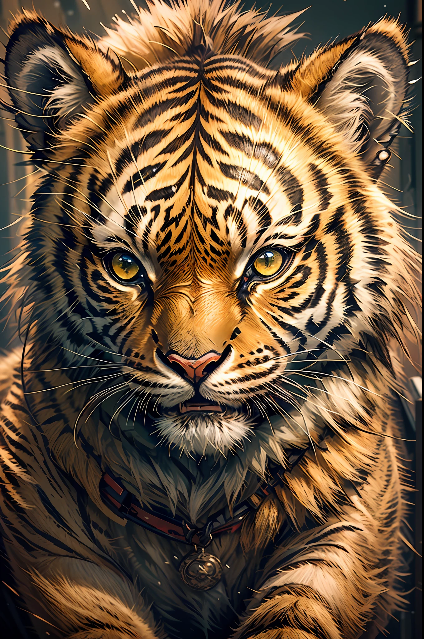 Granular, very detailed, intricate details, dynamic lighting, realism, cinematic, natural lighting, m0nst3rfy3, tiger cub, golden glowing eyes, :P, (fluffy: 1.2), --auto --s2