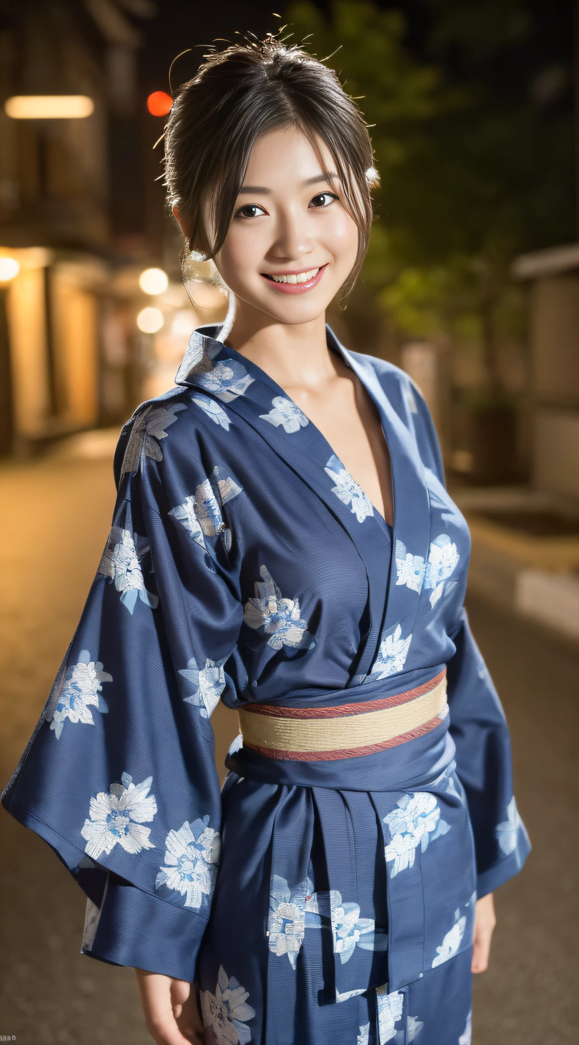 (((top quality, 8k, masterpiece))), crisp focus, (beautiful woman with perfect figure), slender, (hairstyle: up)), (yukata: black)), night road: 1.2, highly detailed face and skin texture, detailed eyes, double eyelids, random posture, seduction with (smile), Japan person, chest out